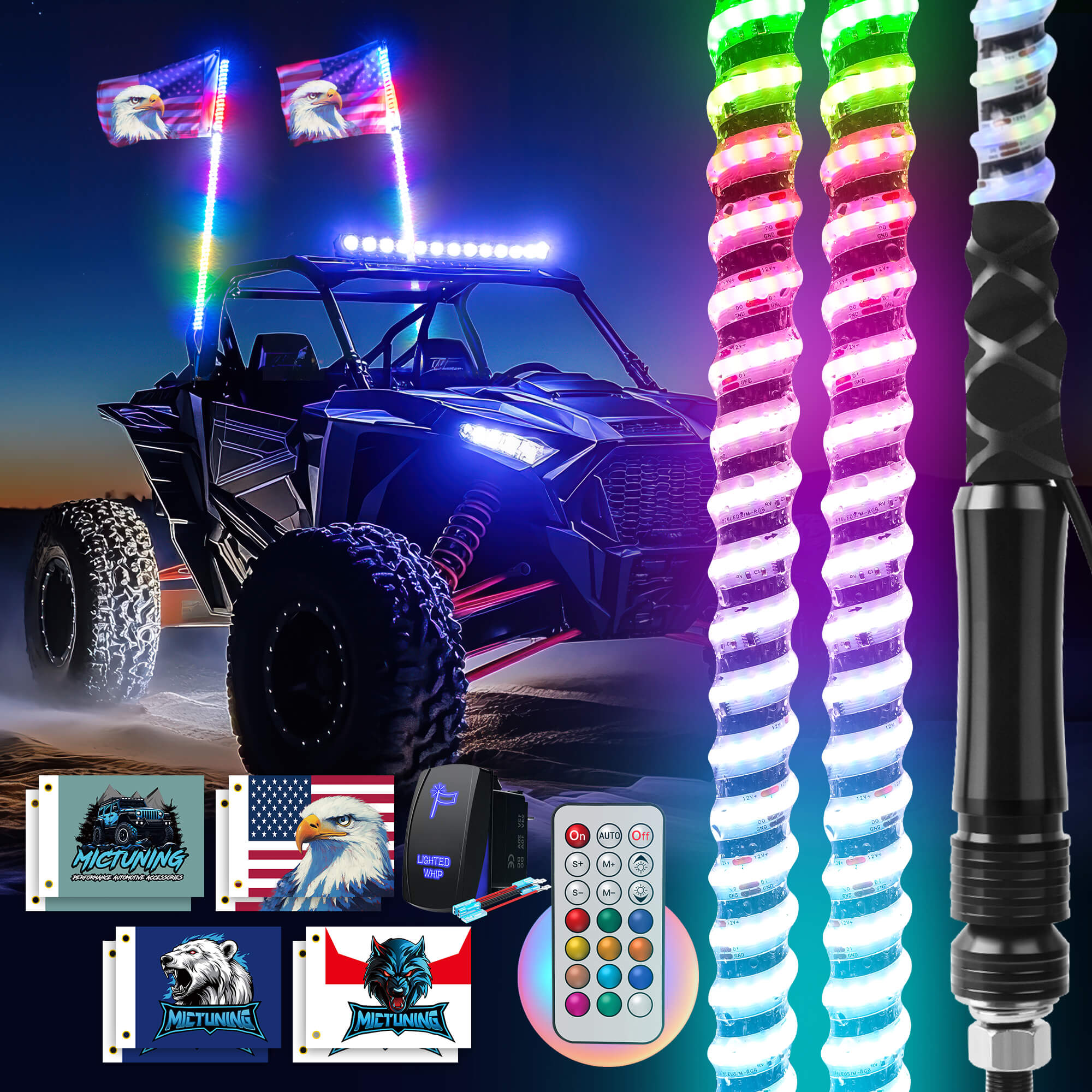 3FT/4FT COB LED Whip Lights, RGB+IC Chasing Colors w/ Remote Control, Rocker Switch & 8 Flags, 1pc/2pcs