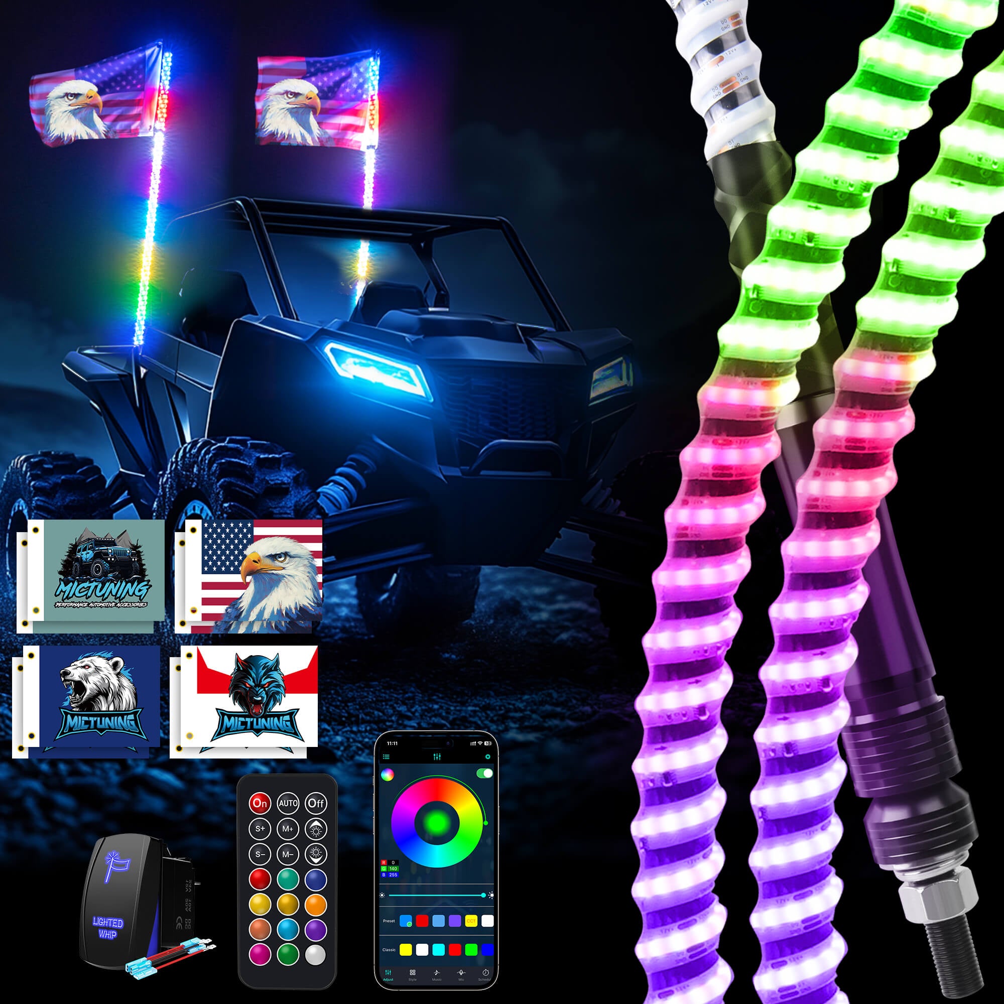 3FT/4FT COB LED Whip Lights,  RGB+IC Chasing Colors w/ APP+Remote Control, Rocker Switch & 8 Flags, Brake/Turn Signal/Reverse, 1pc/2pcs