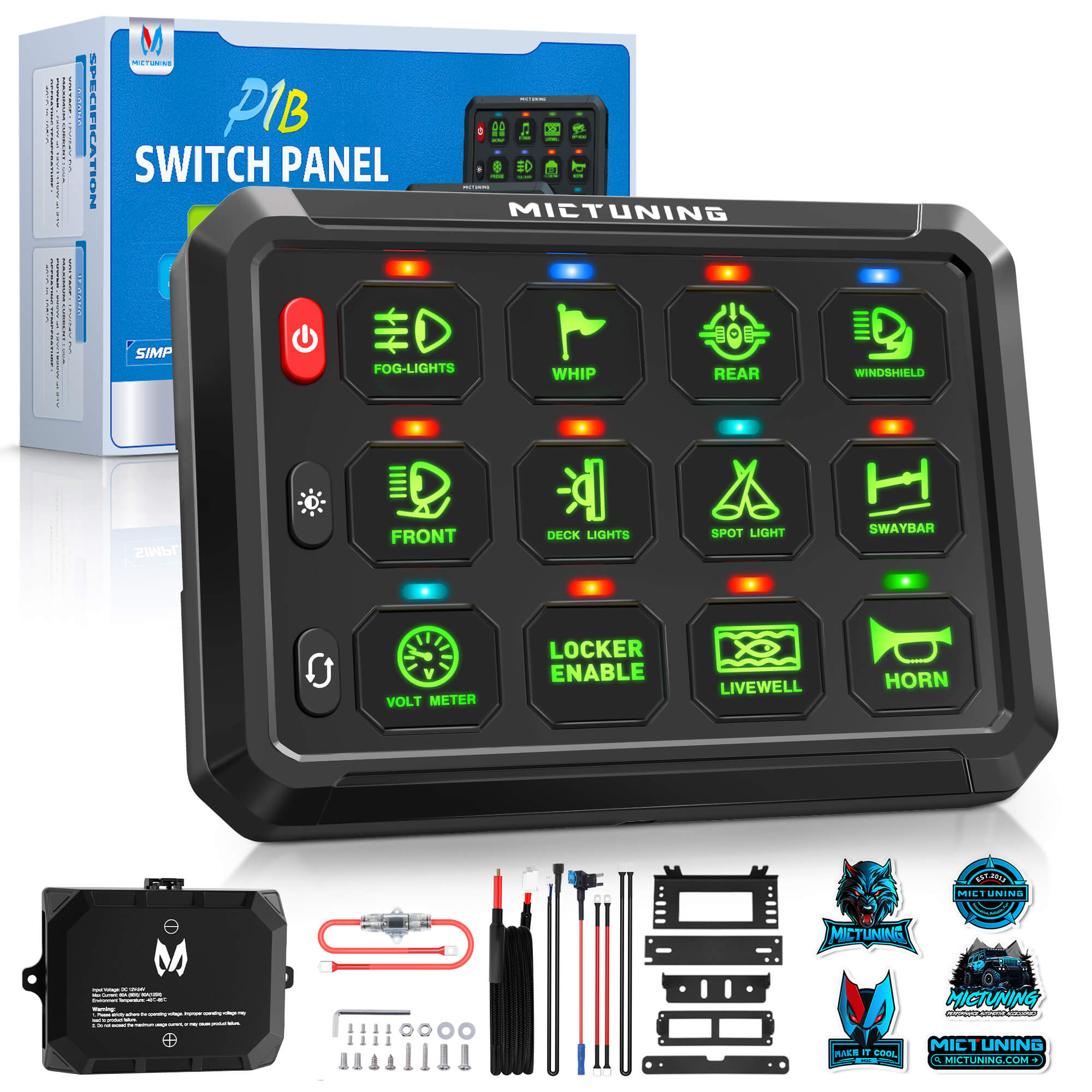 New P1B Blue/Green 5" 8/12 Gang Switch Panel, Color-Coded LED Indicator with Off Backlight