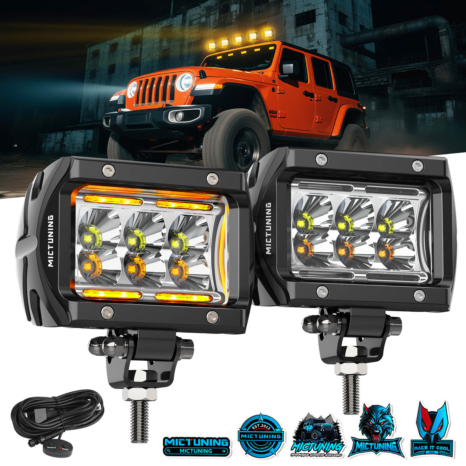 Upgraded K1 Dual-Color 6 Modes LED Pods Light 2pcs - 4 Inch IP68 Waterproof Led Off Road Lights Driving Fog Light, Flood/Spot