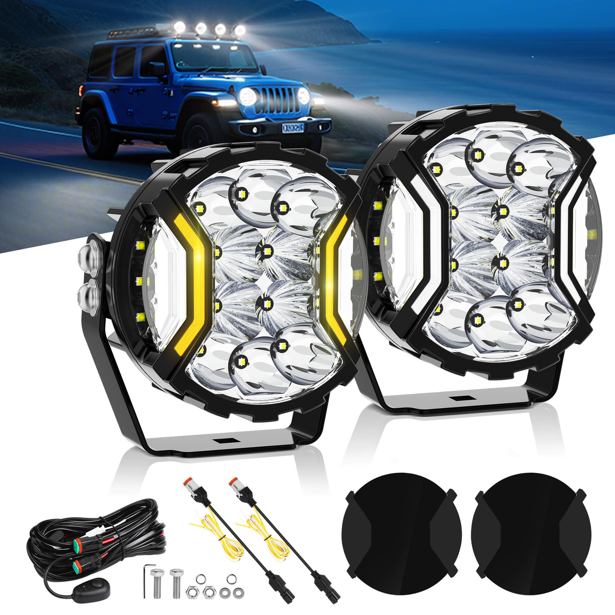 5 Inch 180W LED White Light Pods - White DRL & Amber Turn Signal, Offroad Driving Side Shooter, Fog Spot Flood Auxiliary Ditch Lamps w/ Covers, Pair