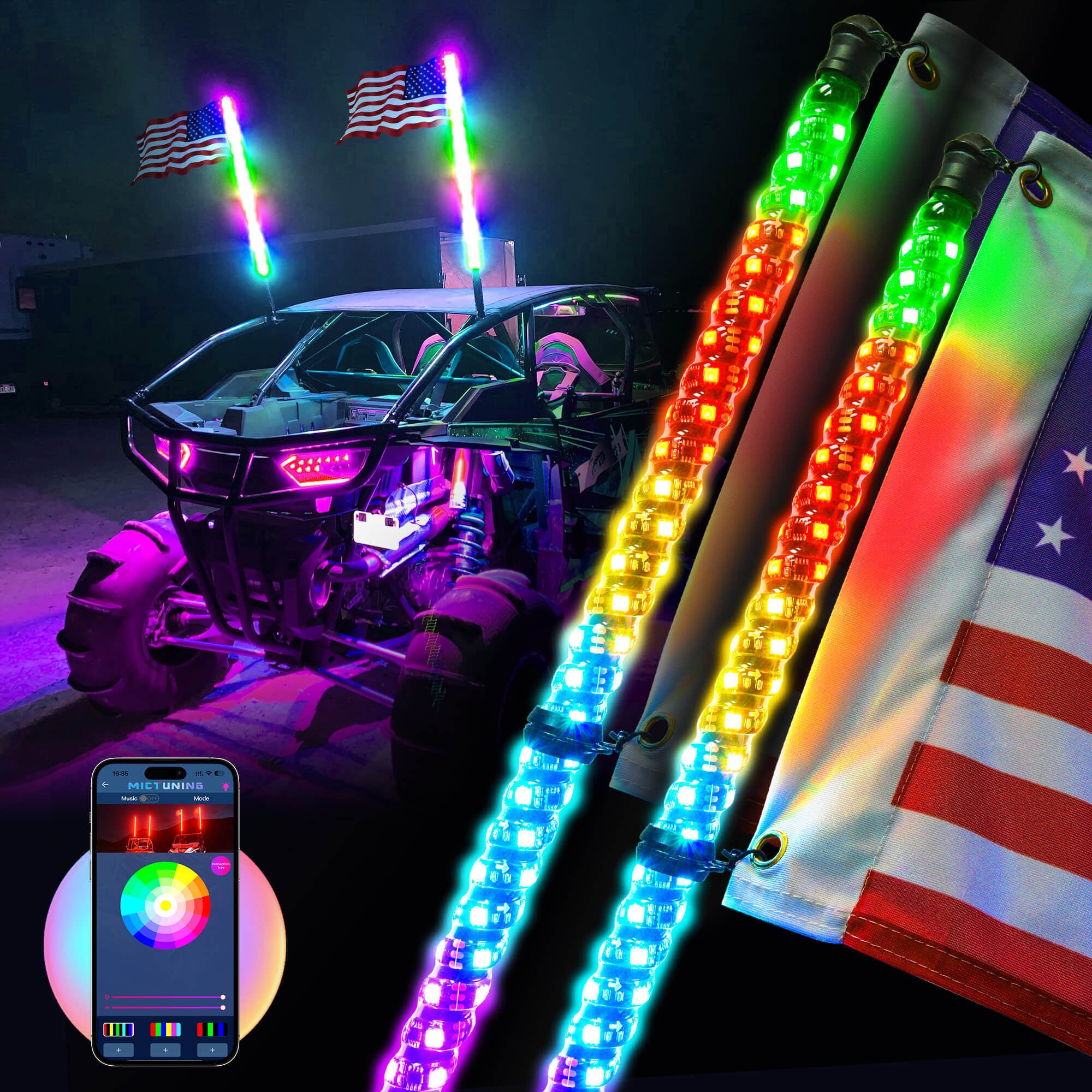 3FT/4FT LED Whip Lights 2pcs - Spiral Bendable RGB Chasing Color Antenna Whips - Bluetooth App Control