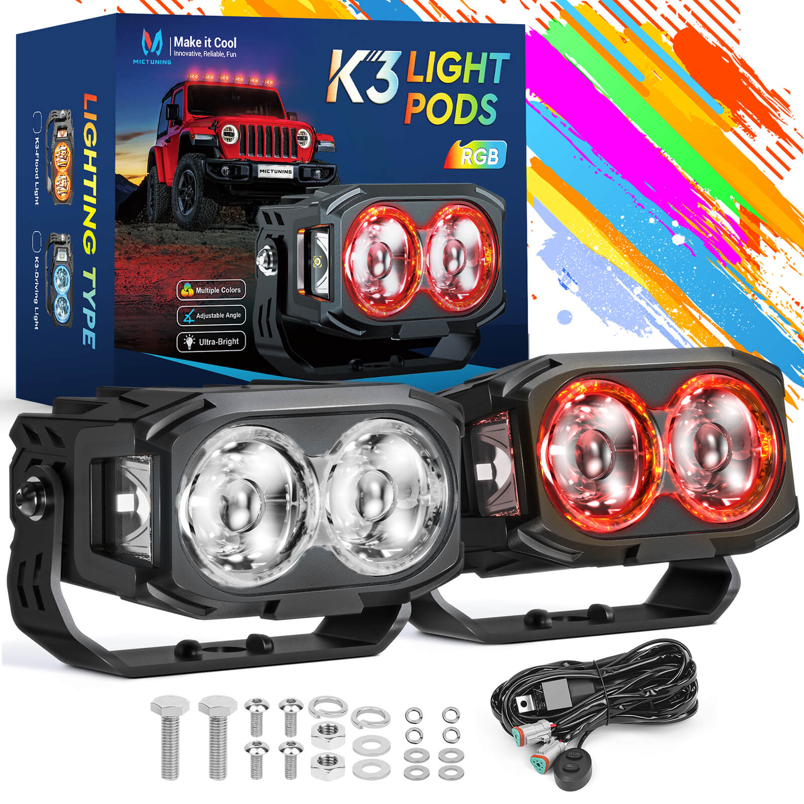 K3 LED Light Pods Spot Beam, 4 Inch Offroad Driving Light Bar with Wiring Harness & Switch, RGB 7 Colors, Pair