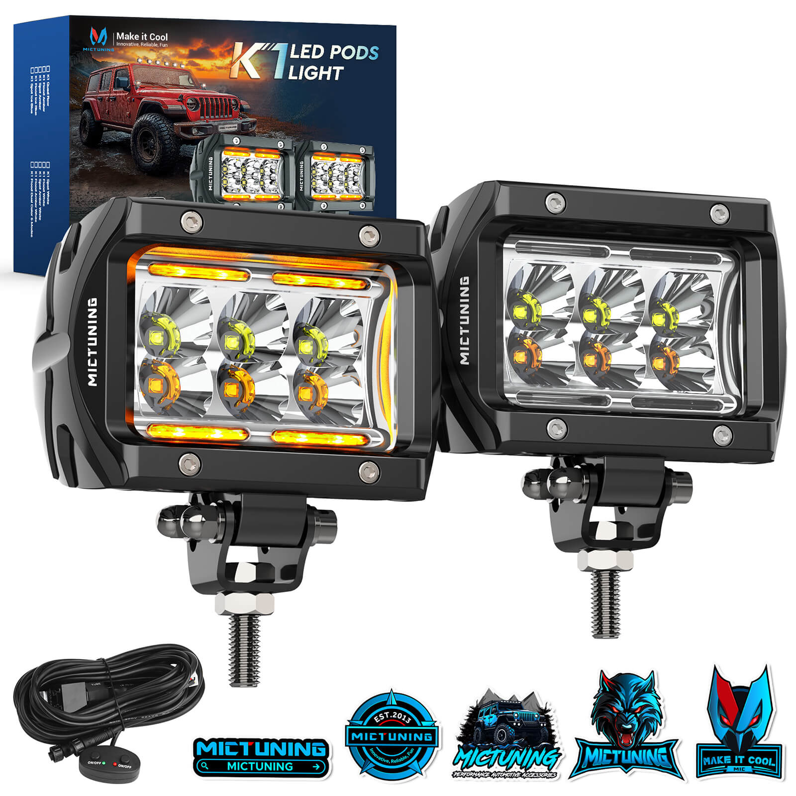 Upgraded K1 Dual-Color 6 Modes LED Pods Light 2pcs - 4 Inch IP68 Waterproof Led Off Road Lights Driving Fog Light, Flood/Spot