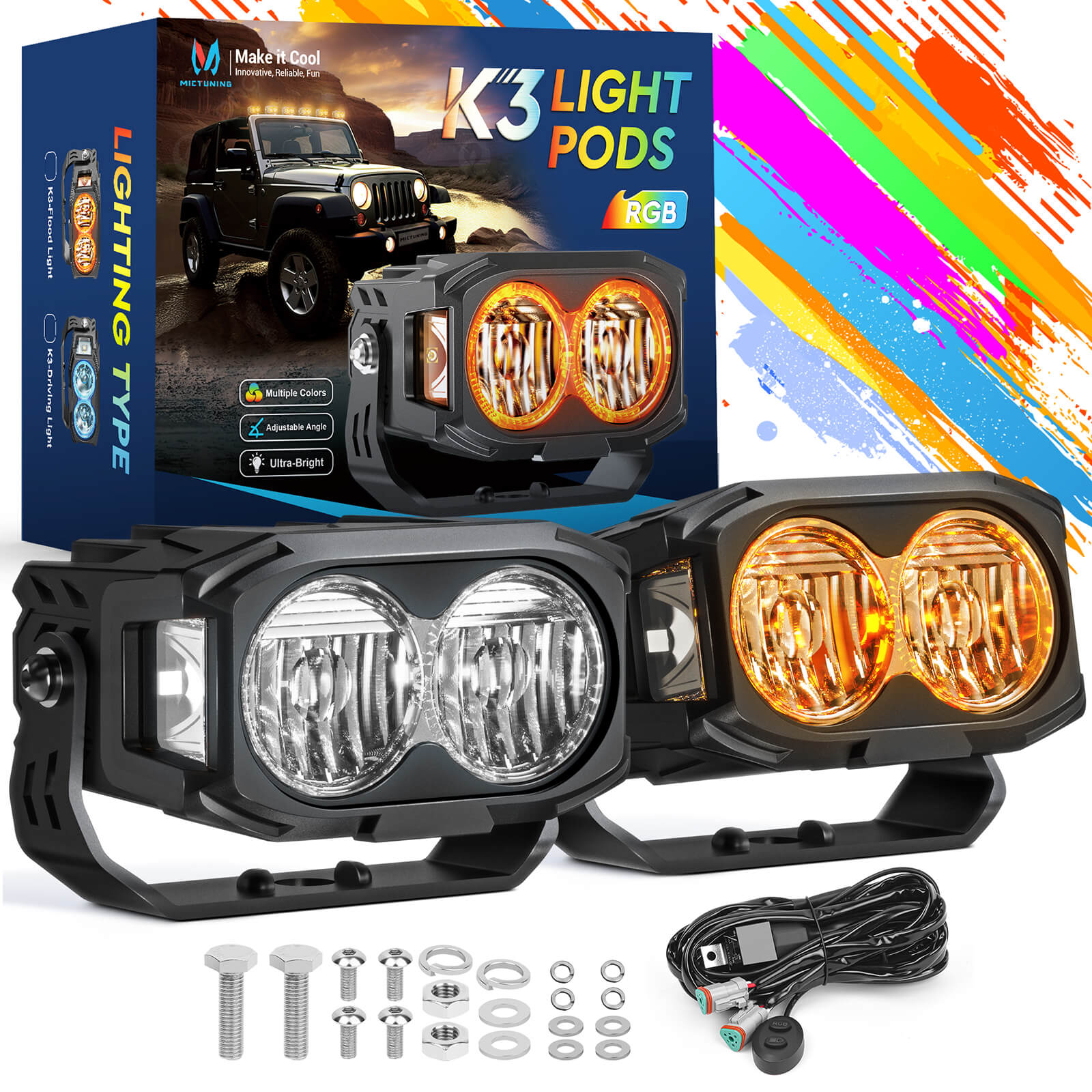 K3 LED Light Pods, 4 Inch Offroad Driving Light Bar with Wiring Harness & Switch, RGB 7 Colors, Flood Beam/Spot Beam , 2PCS