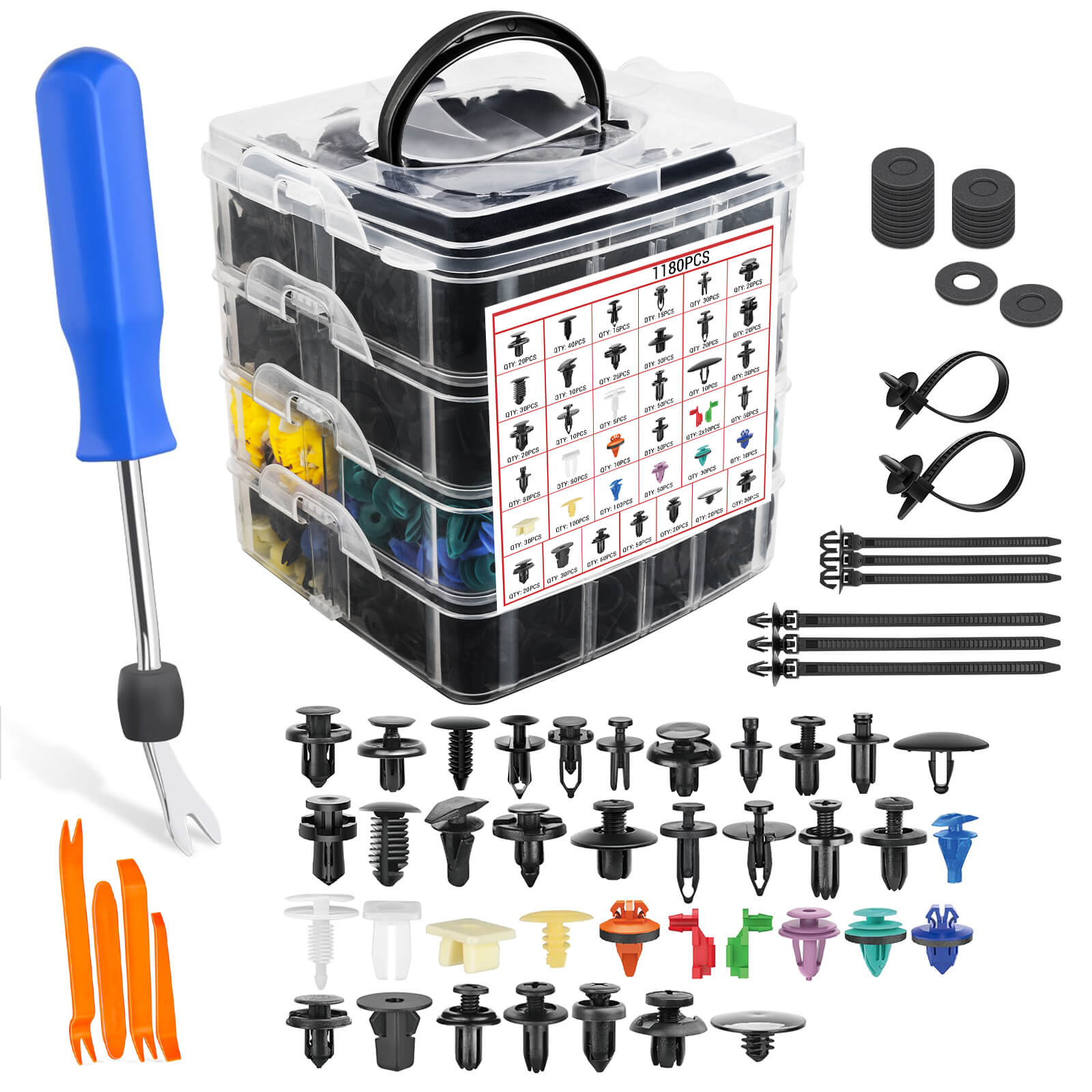 1295pcs Car Mount Clips Auto Fasteners Removal Tool Kit, 37 Popular Size Bumper, Universal Mudguard Rivets Retainers Cable Ties