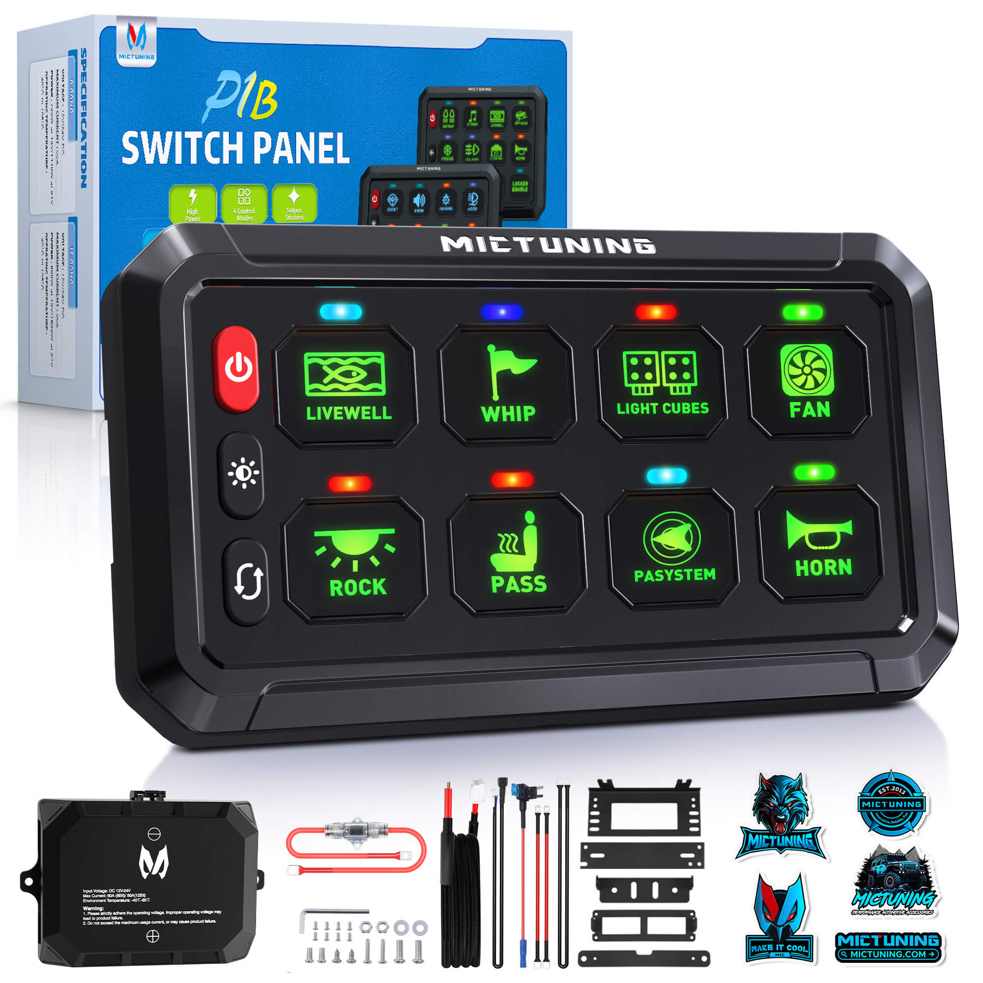 One Control/prussianblue（ SPI MOD） MICTUNING P1B Blue/Green 8/12 Gang Switch Panel, Color-Coded LED