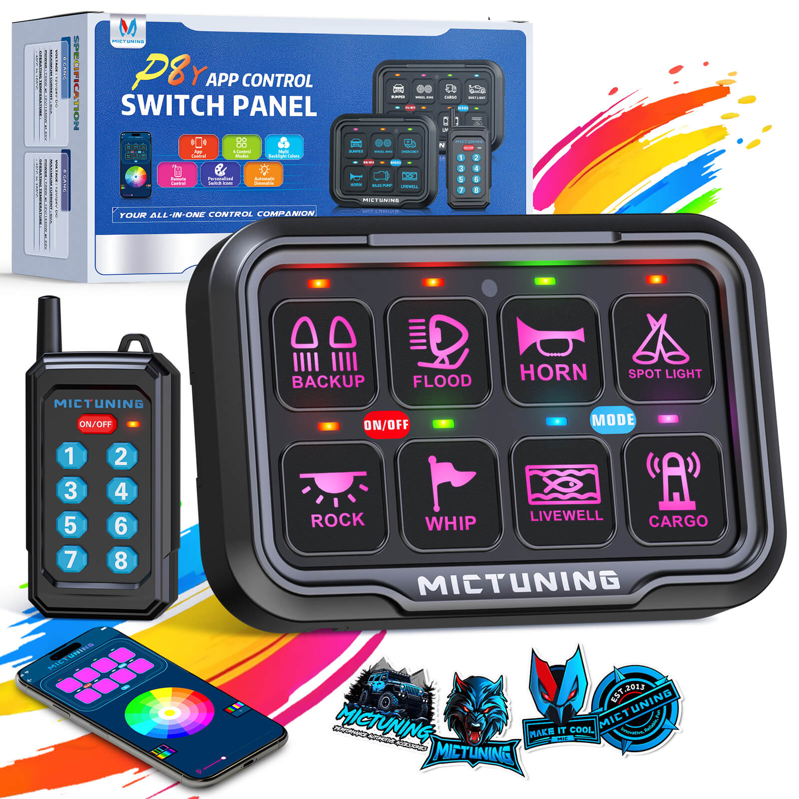 P8Y Ultra RGB Switch Panel with App & 230FT Remote Control, 6/8 Gang , IP67 Waterproof, Auto-Dimming