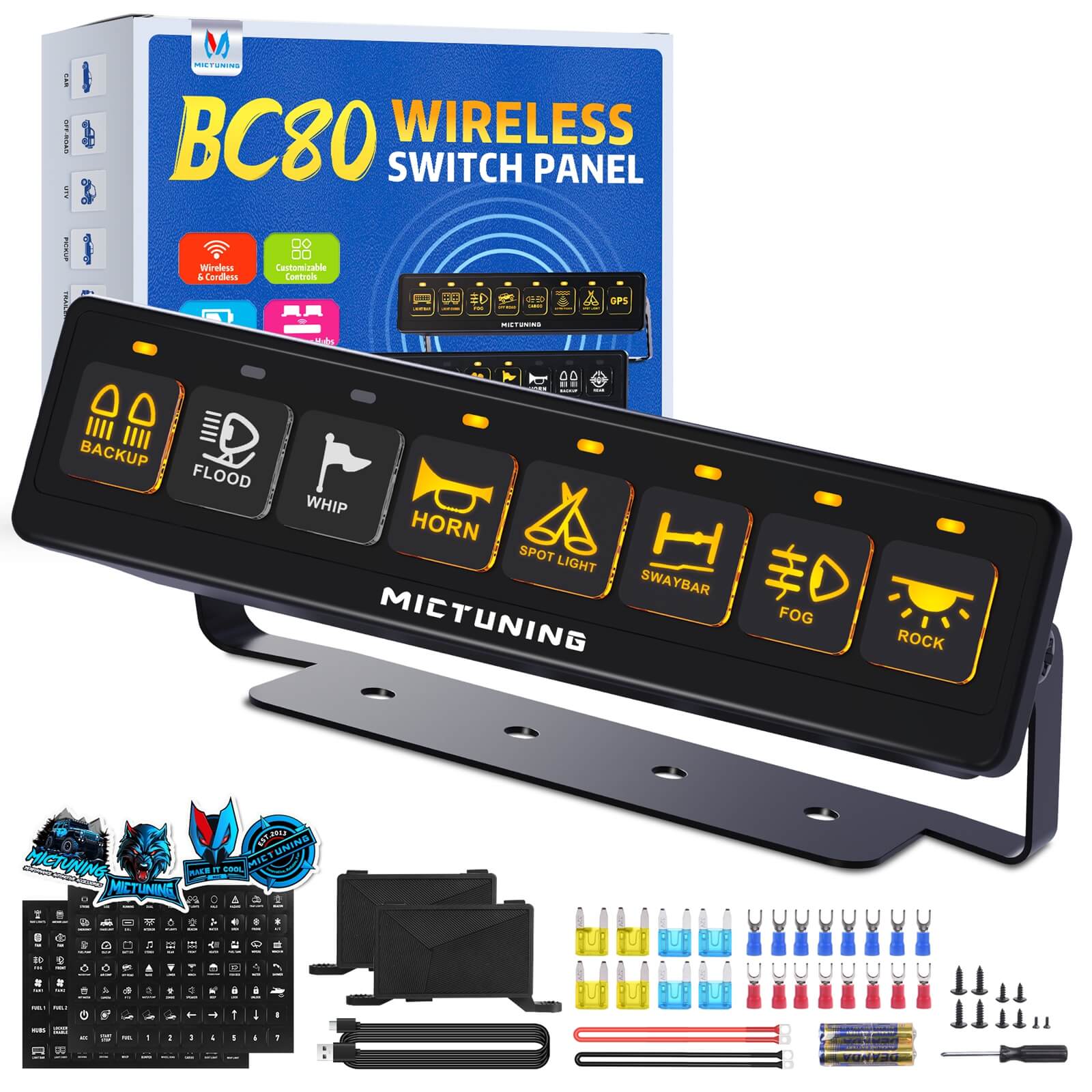 BC80 8-Gang Wireless Switch Panel, Dual Power Hubs, Auxiliary ON-OFF Relays Circuit Box, 4 Control Modes