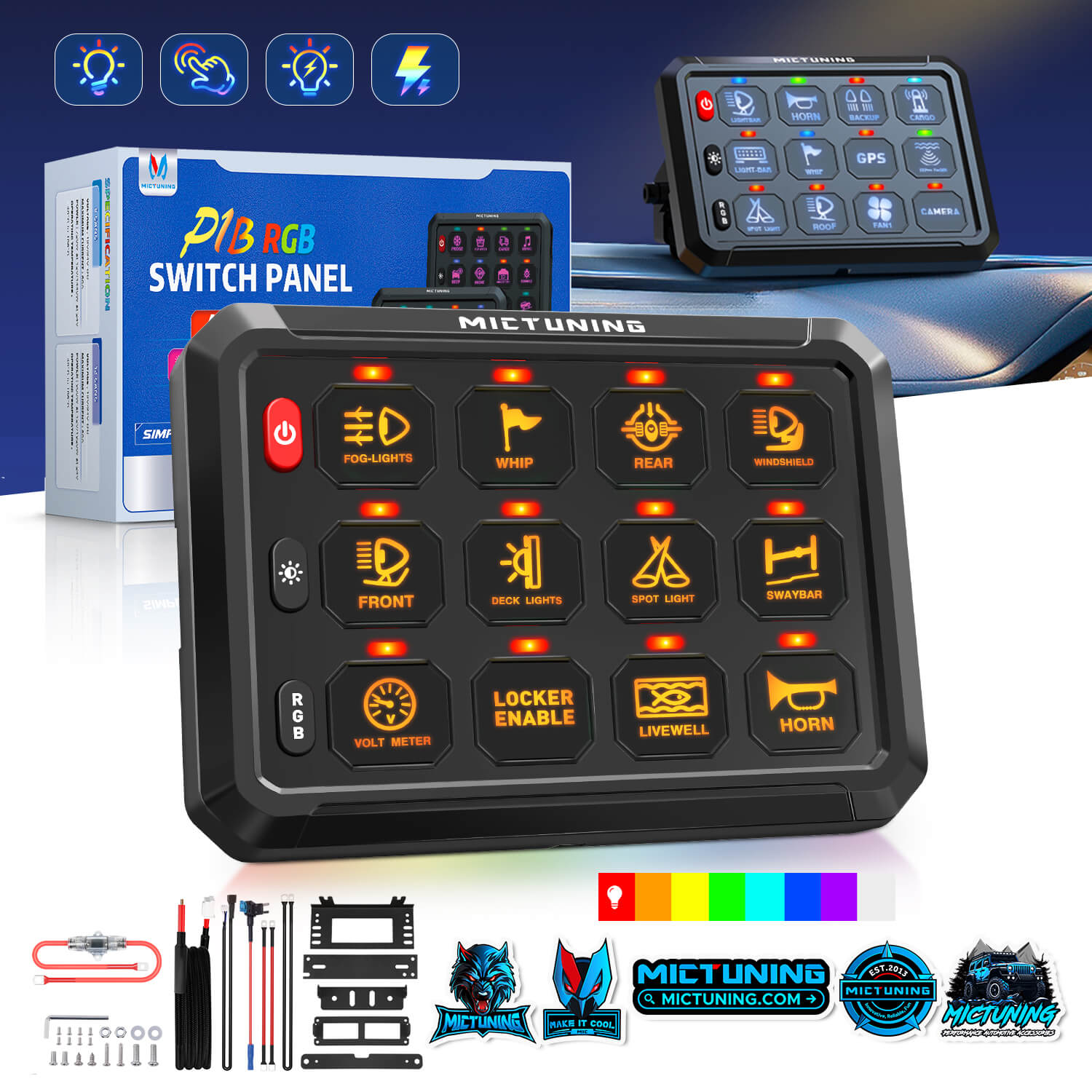 MICTUNING P1B RGB 8/12 Gang Switch Panel, Multifunction Toggle