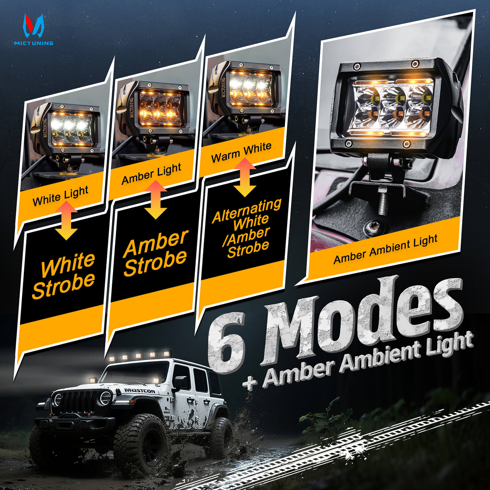 Upgraded K1 Dual-Color 6 Modes LED Pods Light 2pcs - 4 Inch IP68 Waterproof Led Off Road Lights Driving Fog Light, Flood/Spot
