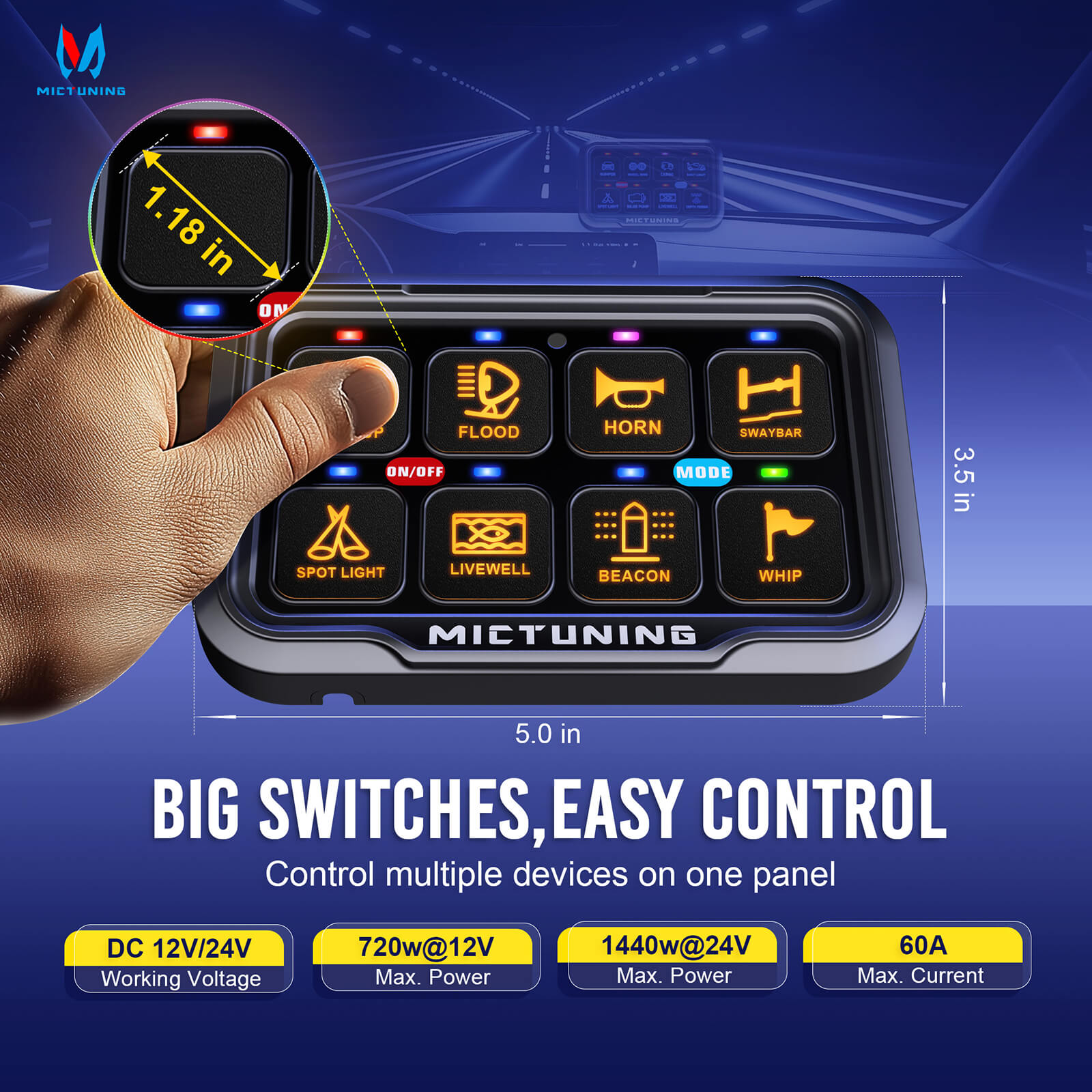 MICTUNING P8-Ultra IP67 Waterproof RGB Switch Panel 6/8 Gang