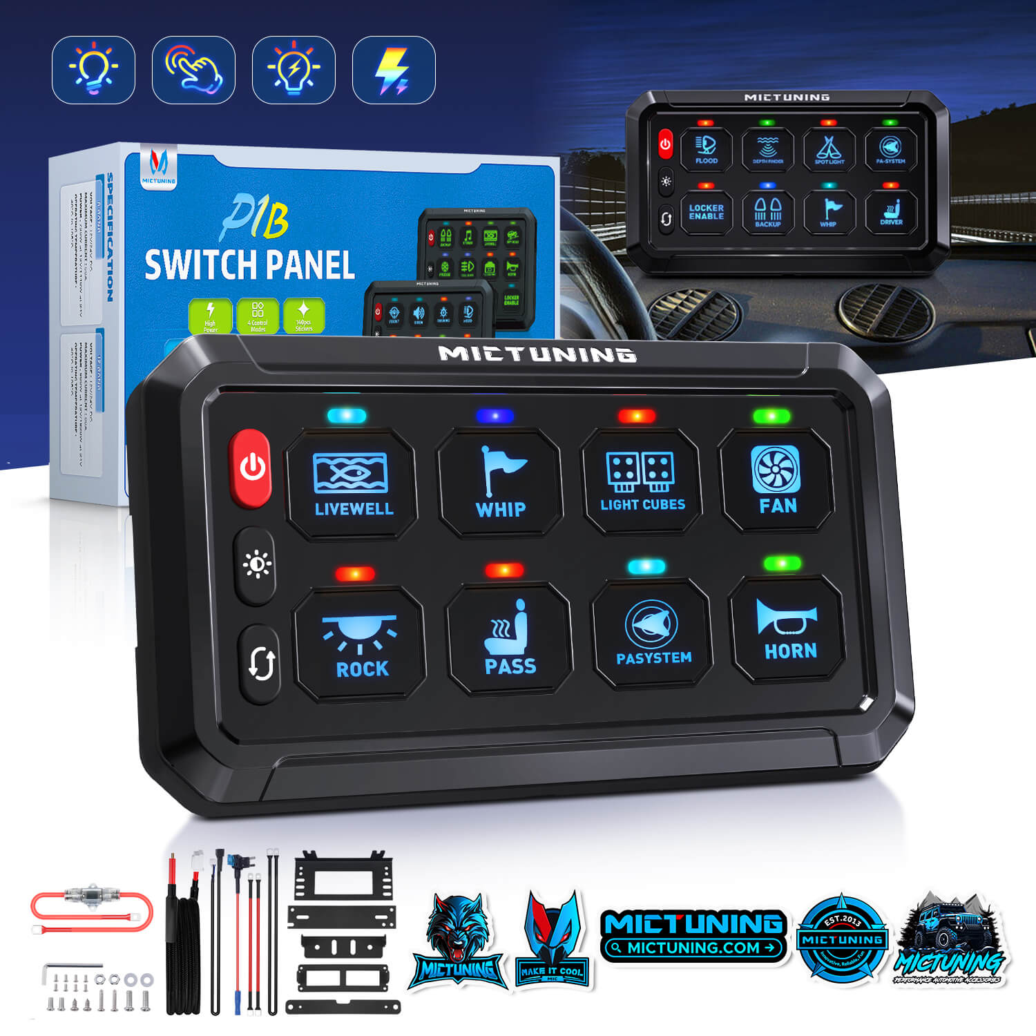 MICTUNING P1B Blue/Green 8/12 Gang Switch Panel, Color-Coded LED