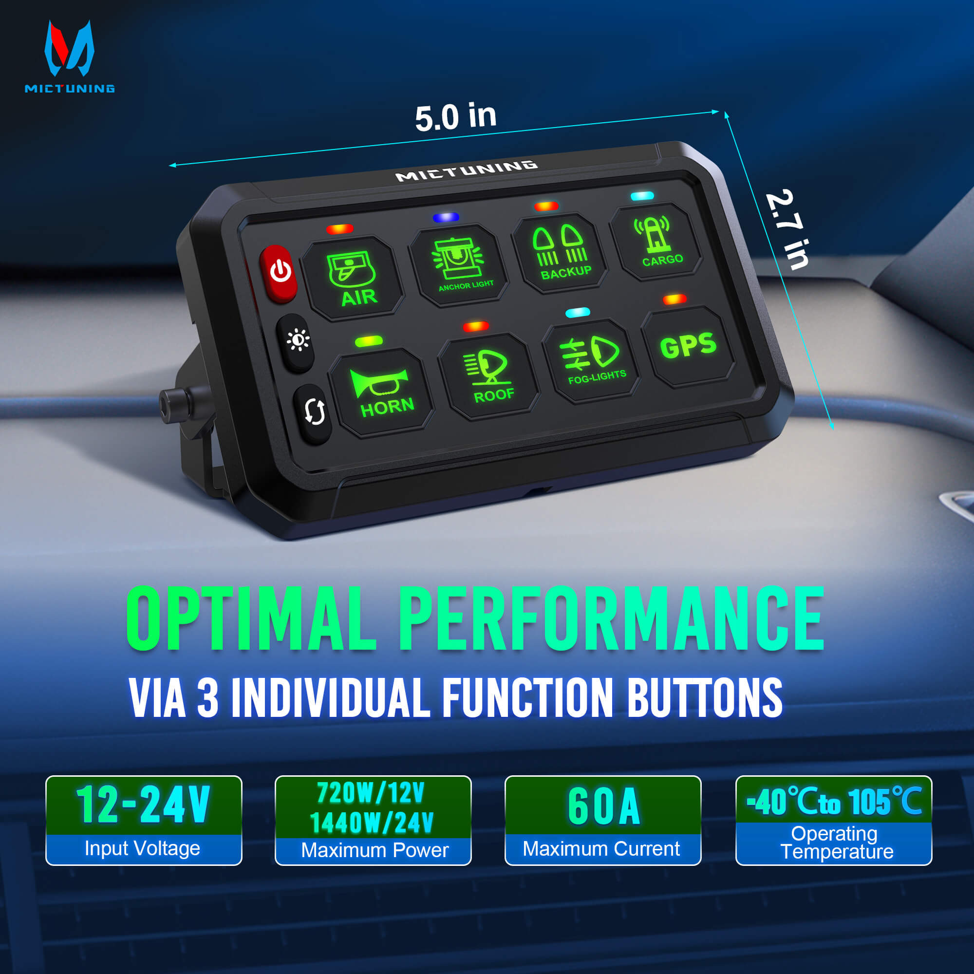 MICTUNING P1B Blue/Green 8/12 Gang Switch Panel, Color-Coded LED