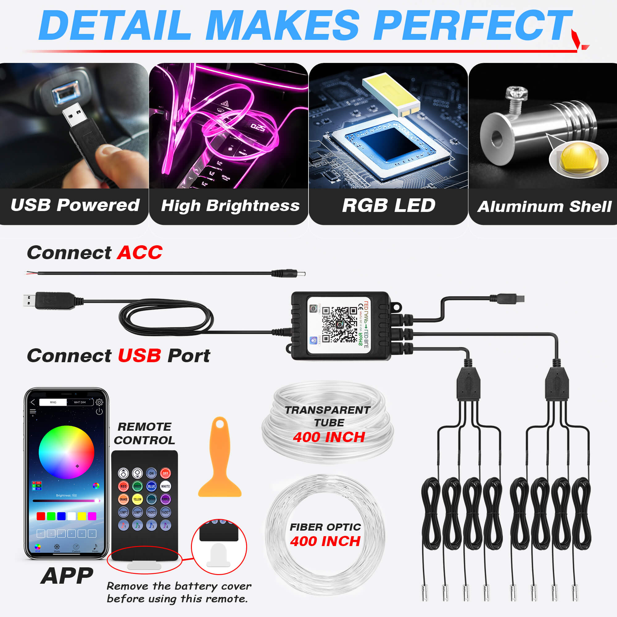 Interior Car LED Strip Lights, RGB 8 in 1 Car Neon Ambient Lighting Kits with 400 inches Fiber Optic tubing MICTUNING
