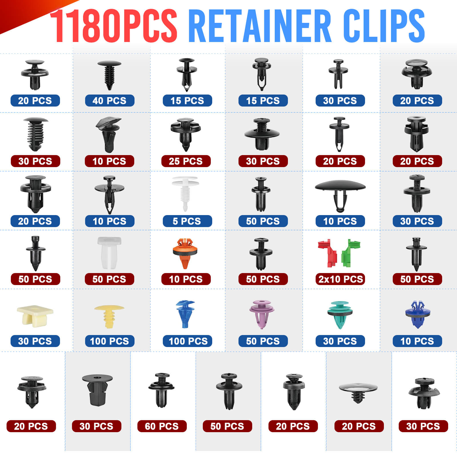 1295pcs Car Mount Clips Auto Fasteners Removal Tool Kit, 37 Popular Size Bumper, Universal Mudguard Rivets Retainers Cable Ties