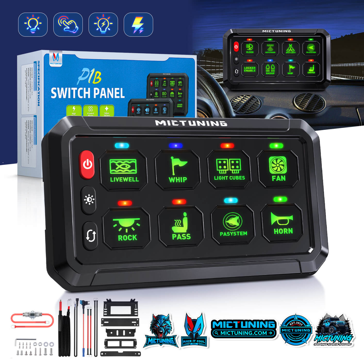 MICTUNING P1B Blue/Green 8/12 Gang Switch Panel, Color-Coded LED