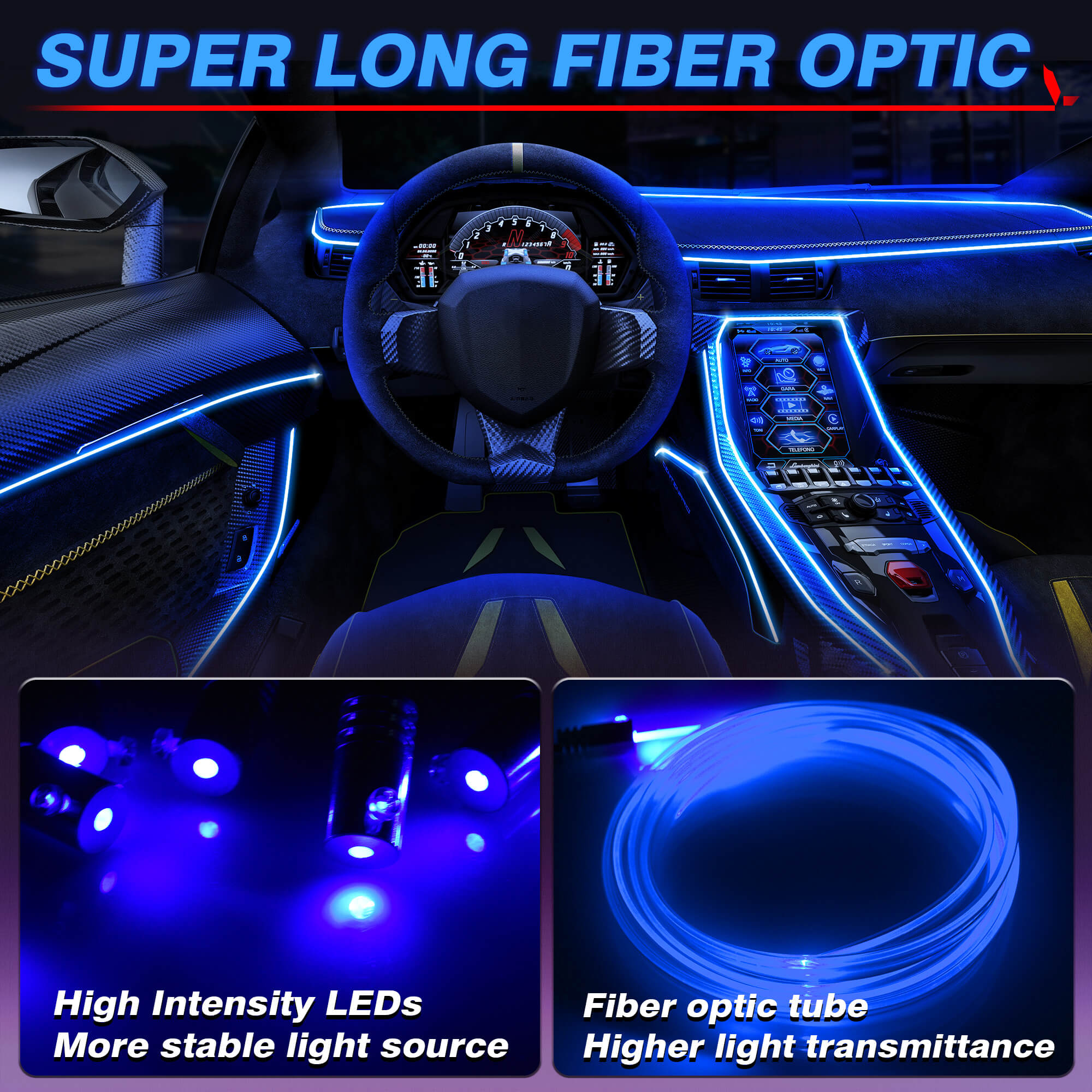 MICTUNING Car LED Interior Strip Light, Multicolor RGB 8 in 1 with 400 Inches Fiber Optic Ambient Lighting Kits with Remote and App Control, Car USB