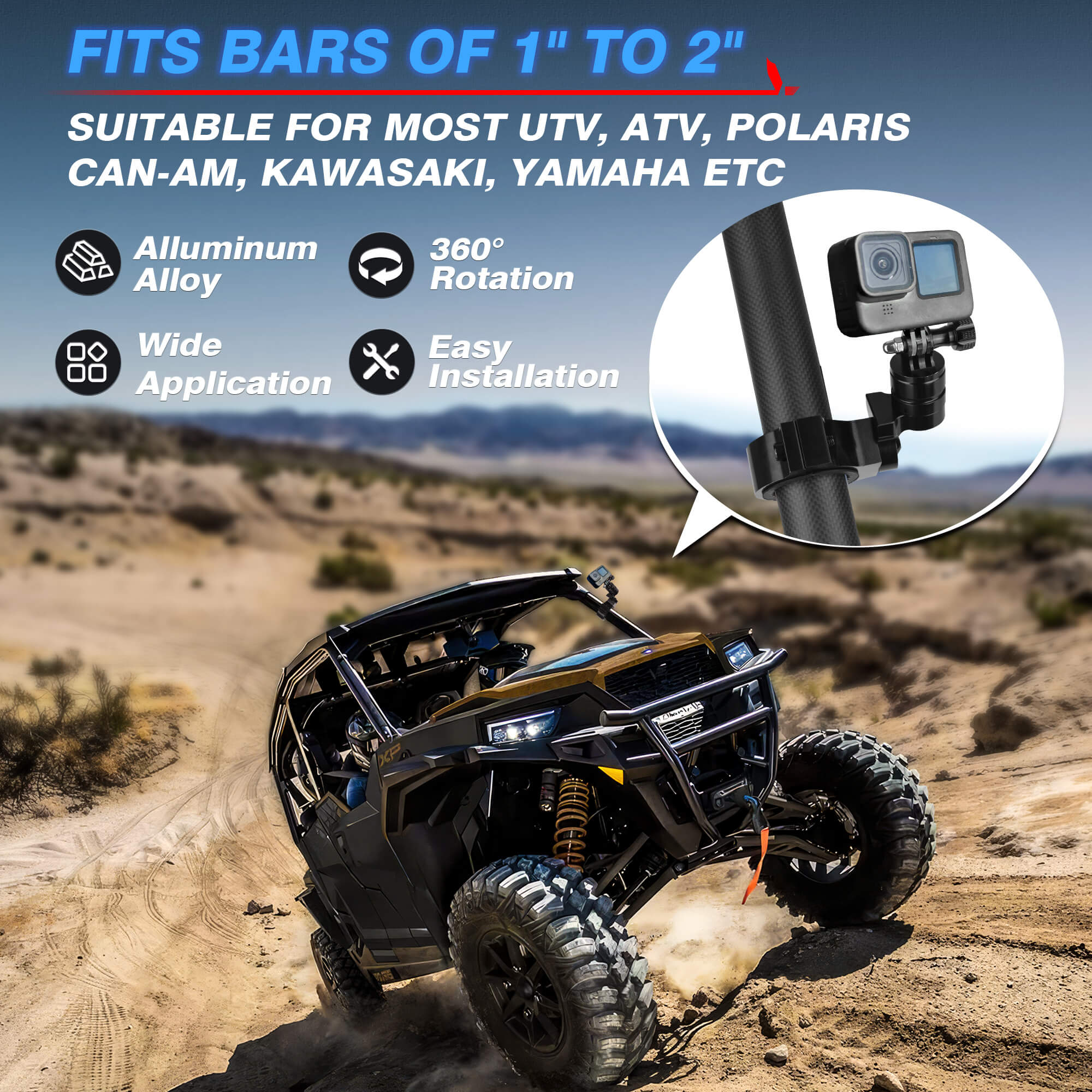 Camera Mount Holder UTV ATV Universal Fit 1″-2″ Roll Bar Mount Camera Holder,360° Rotation Adjustable, Aluminum Alloy, Black