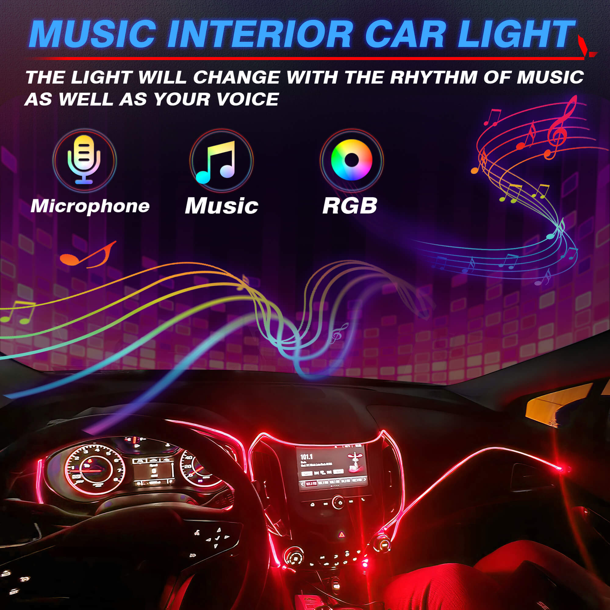 Interior Car LED Strip Lights, RGB 8 in 1 Car Neon Ambient Lighting Kits with 400 inches Fiber Optic tubing MICTUNING
