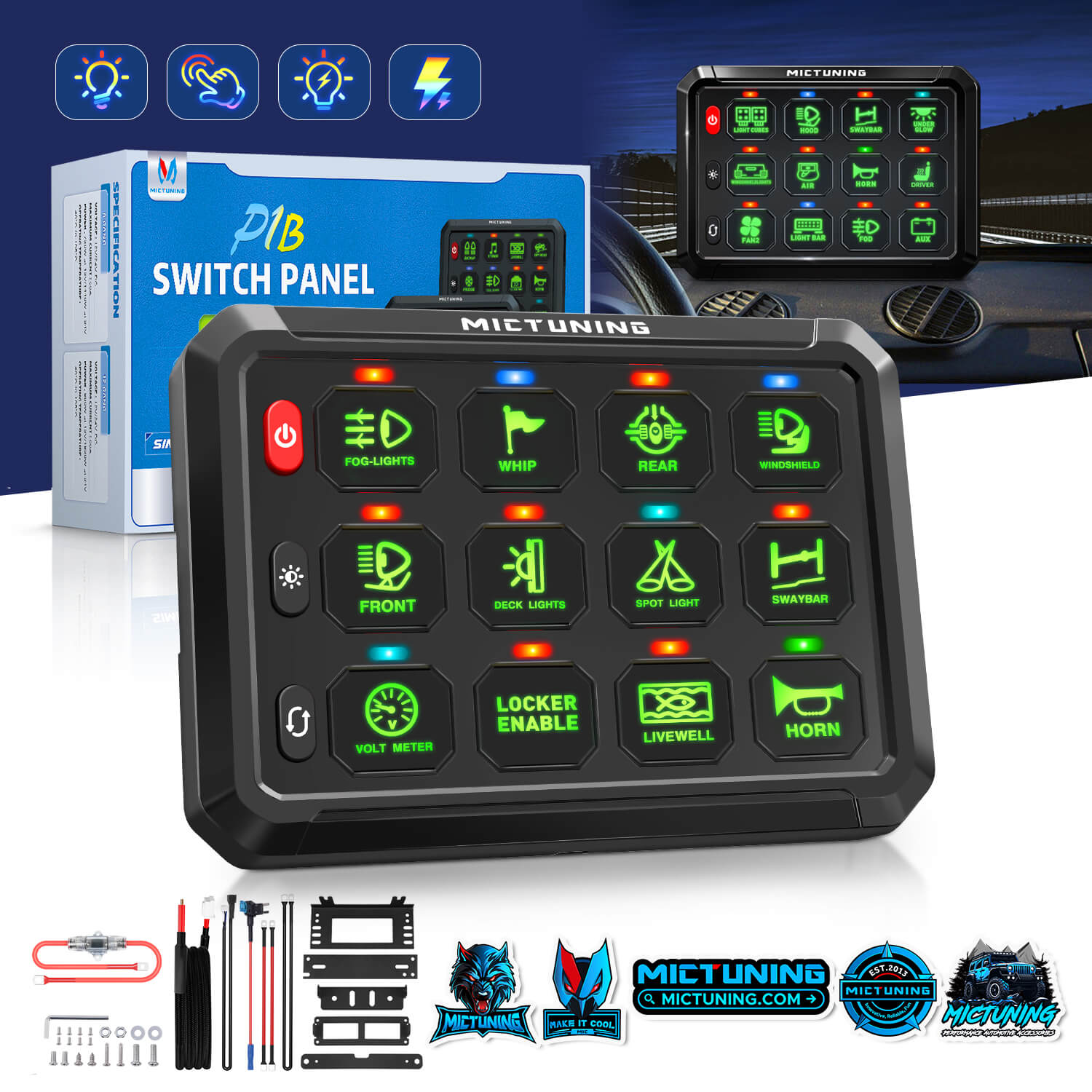 MICTUNING P1B Blue/Green 8/12 Gang Switch Panel, Color-Coded LED