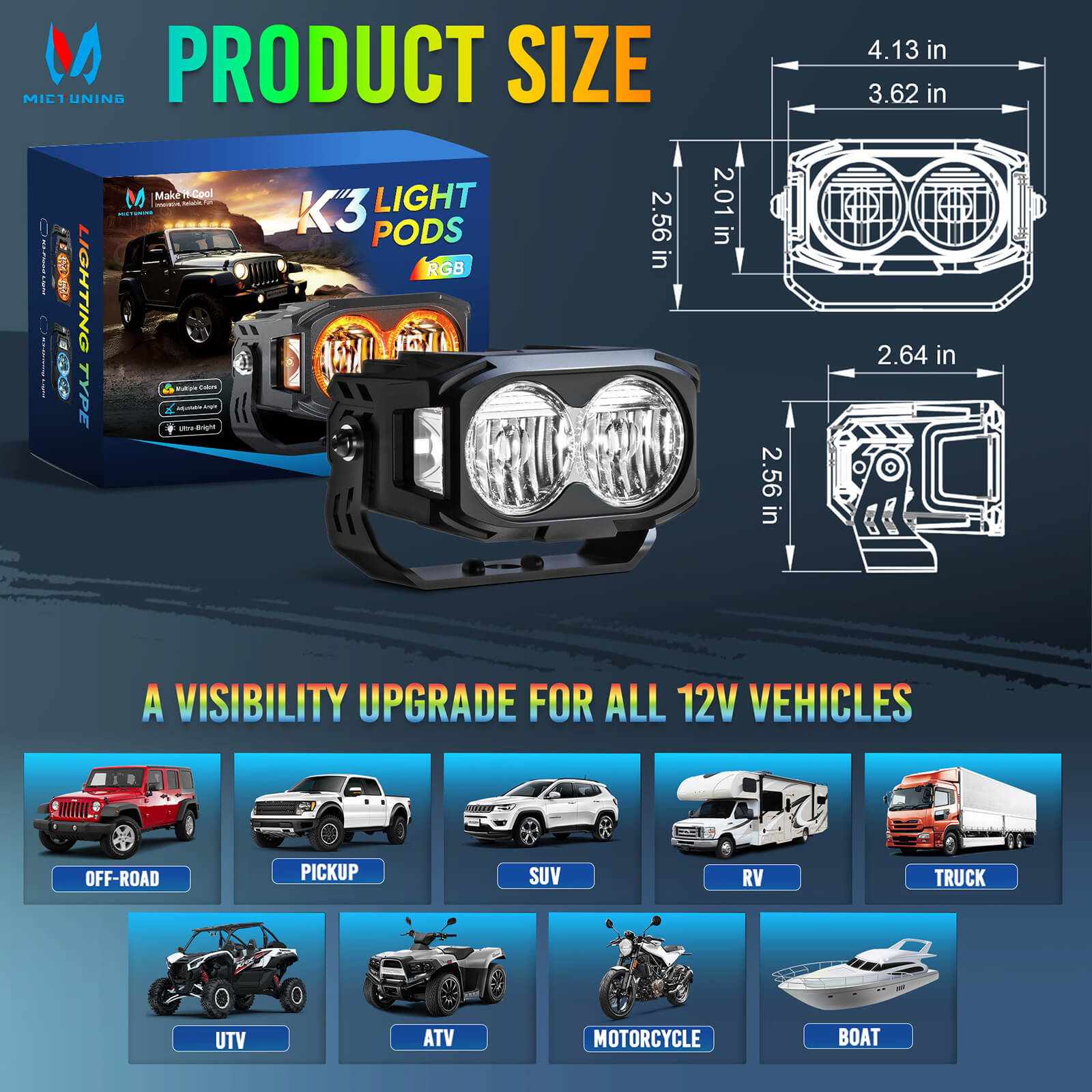 K3 LED Light Pods, 4 Inch Offroad Driving Light Bar with Wiring Harness & Switch, RGB 7 Colors, Flood Beam/Spot Beam, 2PCS