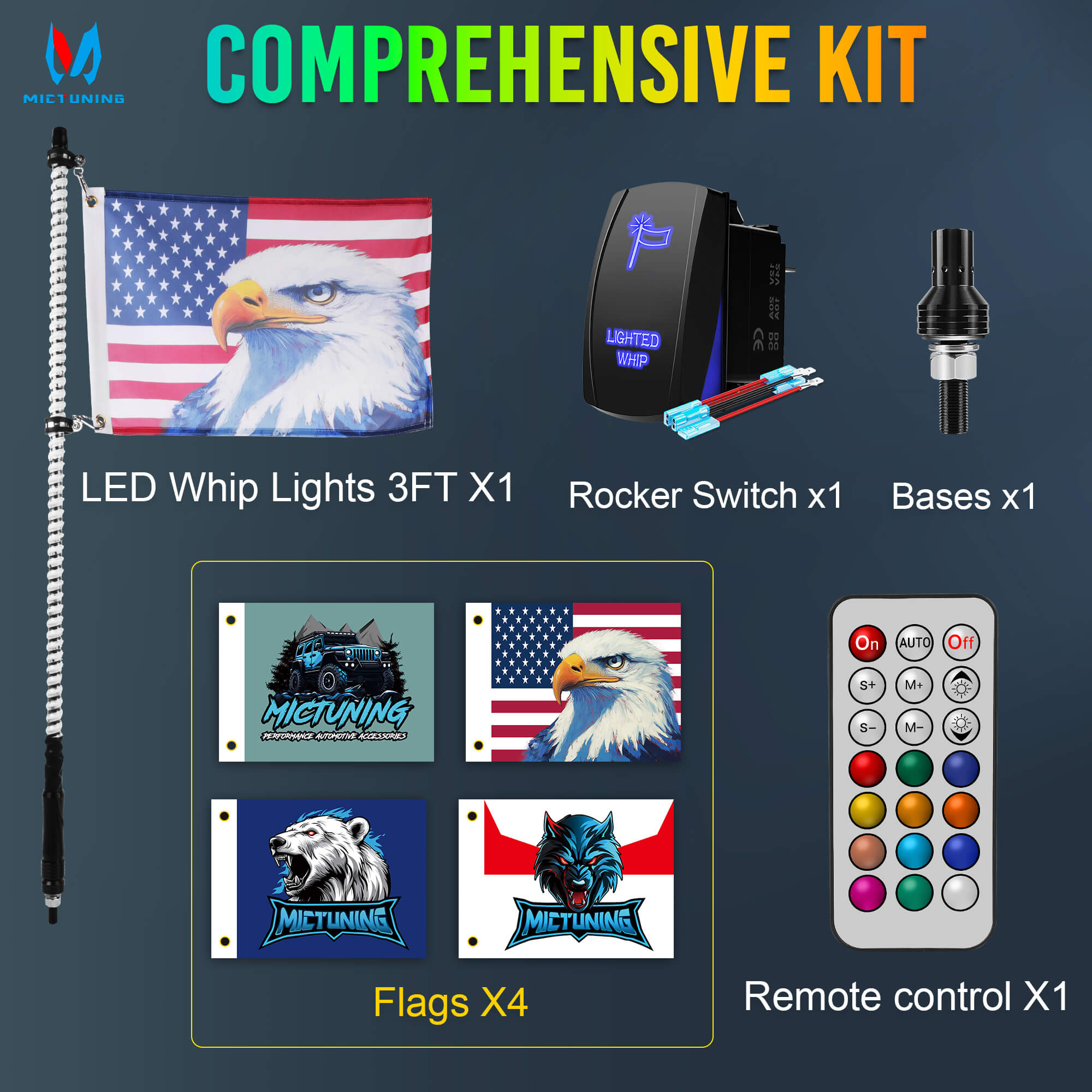 3FT/4FT COB LED Whip Lights, RGB+IC Chasing Colors w/ Remote Control, Rocker Switch & 8 Flags, 1pc/2pcs