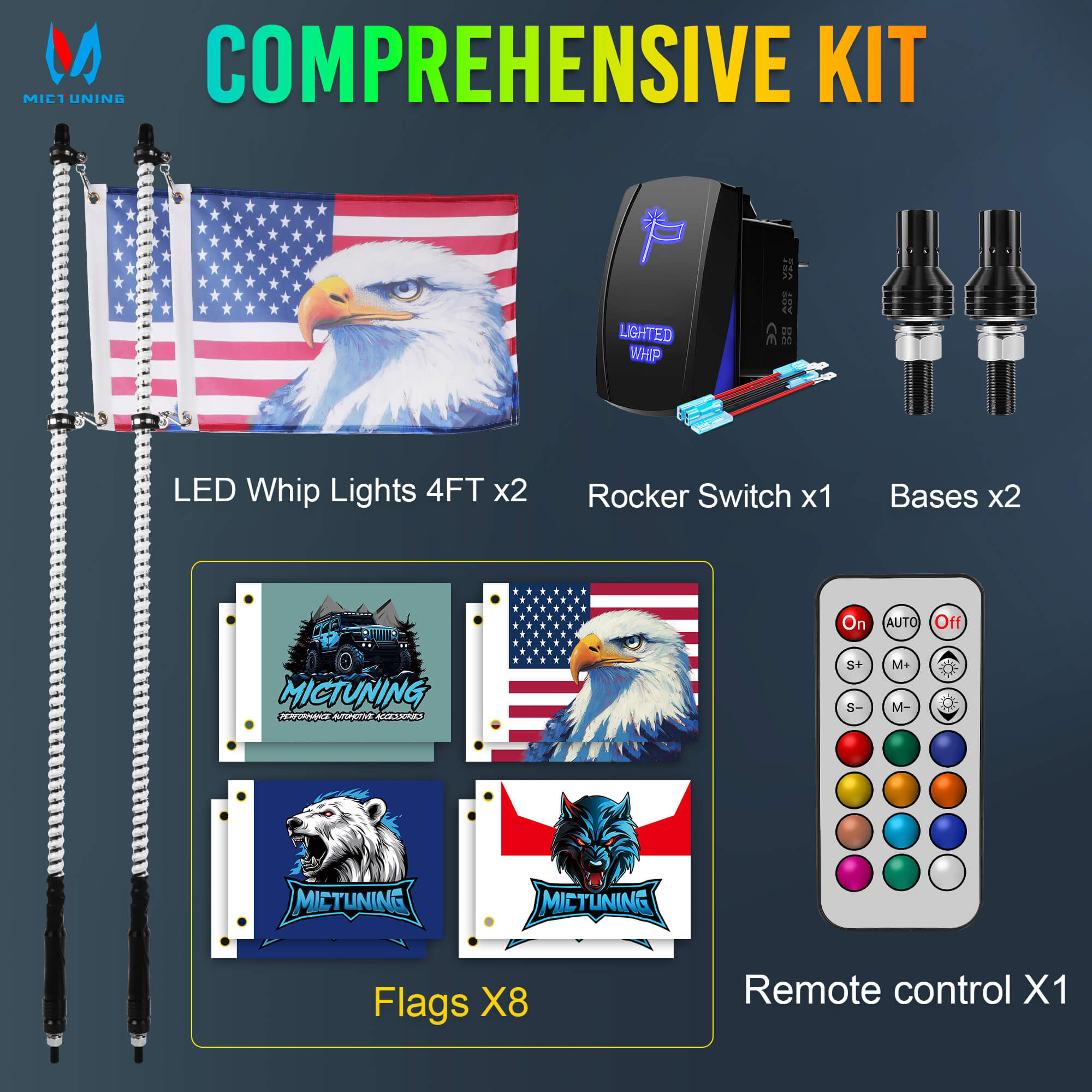 3FT/4FT COB LED Whip Lights, RGB+IC Chasing Colors w/ Remote Control, Rocker Switch & 8 Flags, 1pc/2pcs