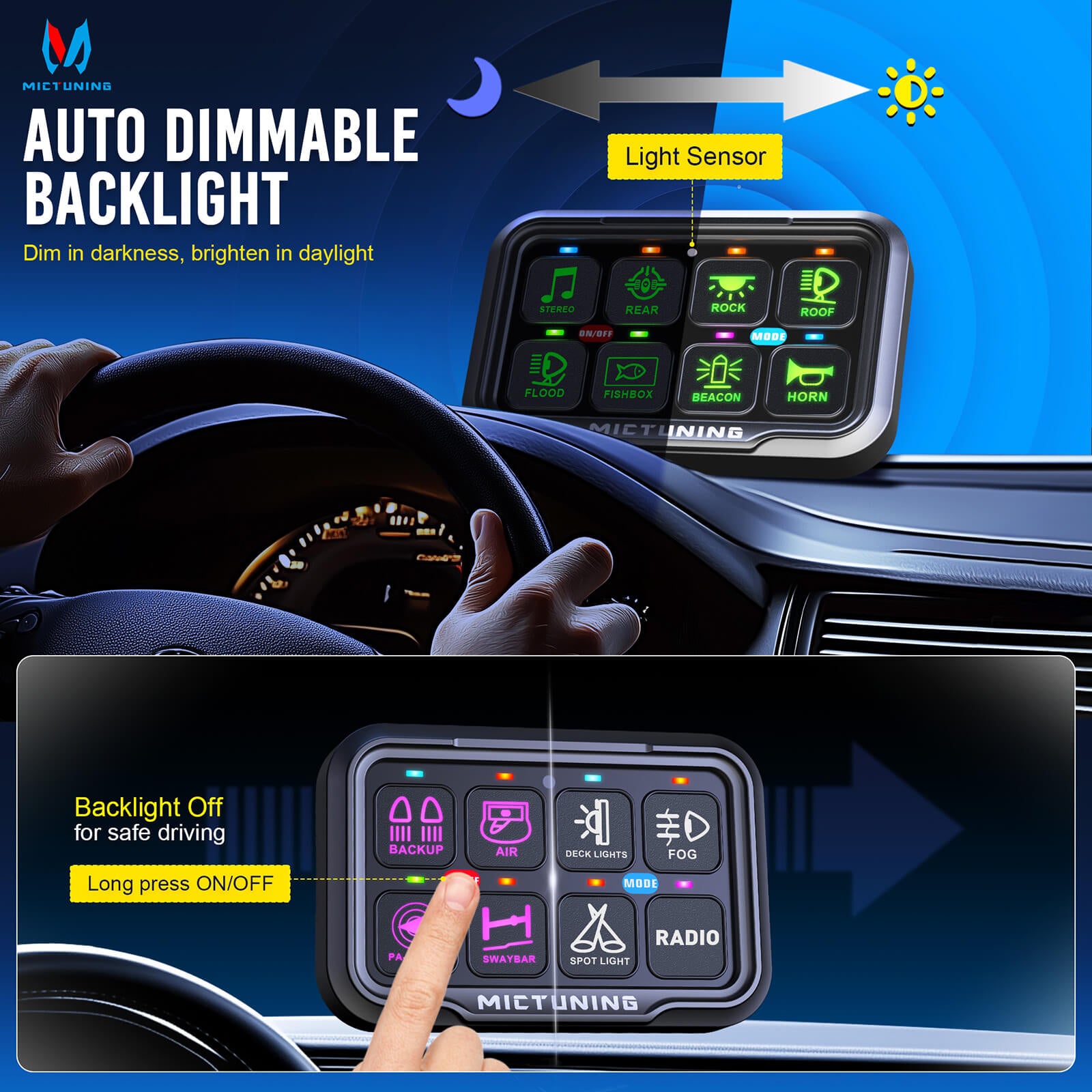 P8Y Ultra RGB Switch Panel with App & 230FT Remote Control, 6/8 Gang , IP67 Waterproof, Auto-Dimming