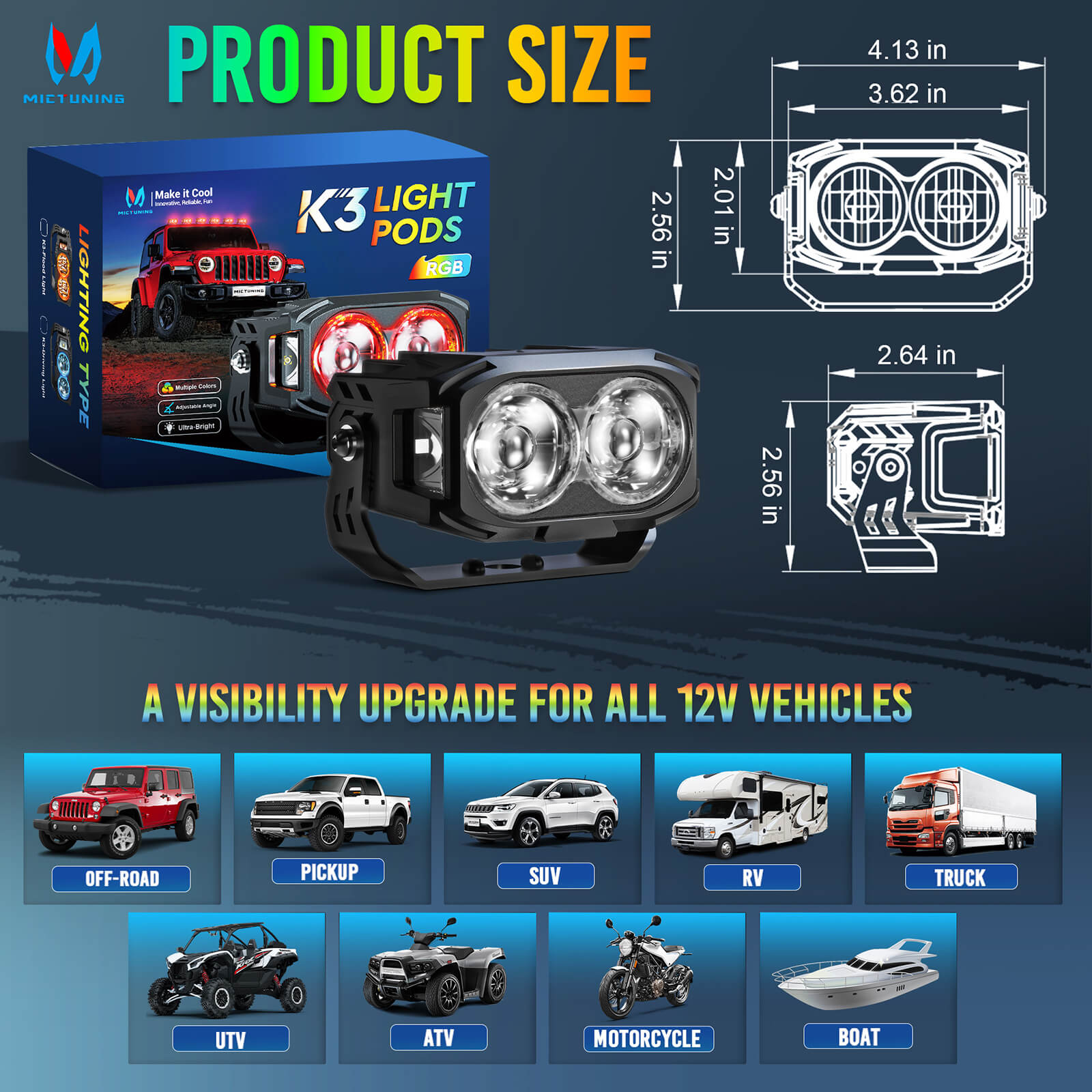 K3 LED Light Pods, 4 Inch Offroad Driving Light Bar with Wiring Harness & Switch, RGB 7 Colors, Flood Beam/Spot Beam, 2PCS