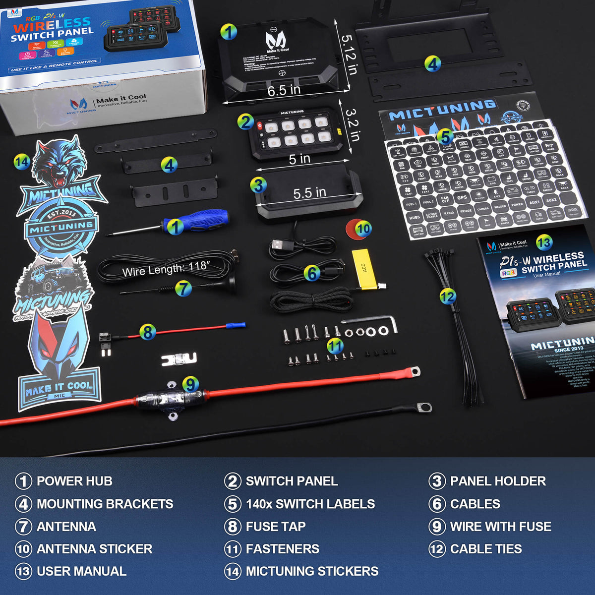 P1s-W Wireless Switch Panel Support Multi-panel Control, Up to 328FT Range, 8/12 Gang Bundle with Q2 MAX RGB+IC Rock Lights Individual Group Control, 8-16 Pods