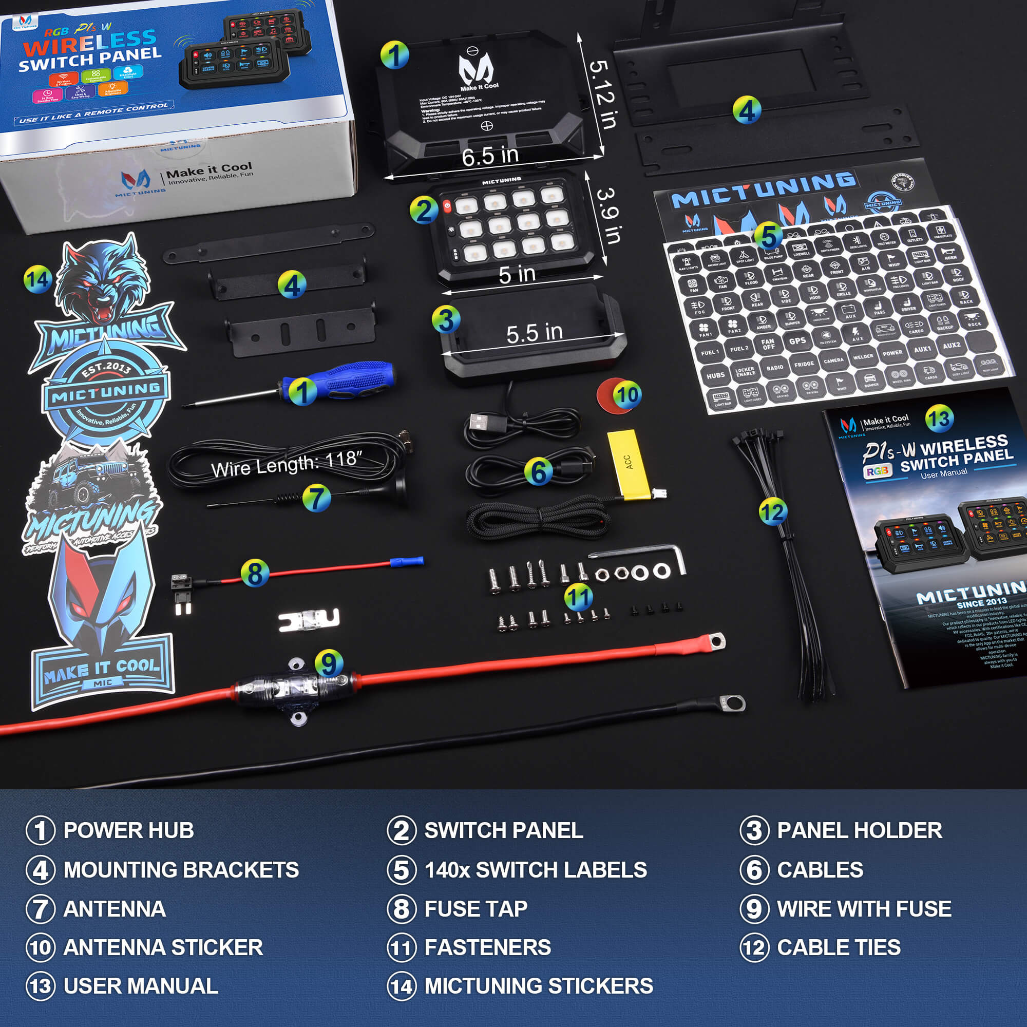 P1s-W Wireless Switch Panel Support Multi-panel Control, Up to 328FT Range, 8/12 Gang Bundle with Q2 MAX RGB+IC Rock Lights Individual Group Control, 8-16 Pods
