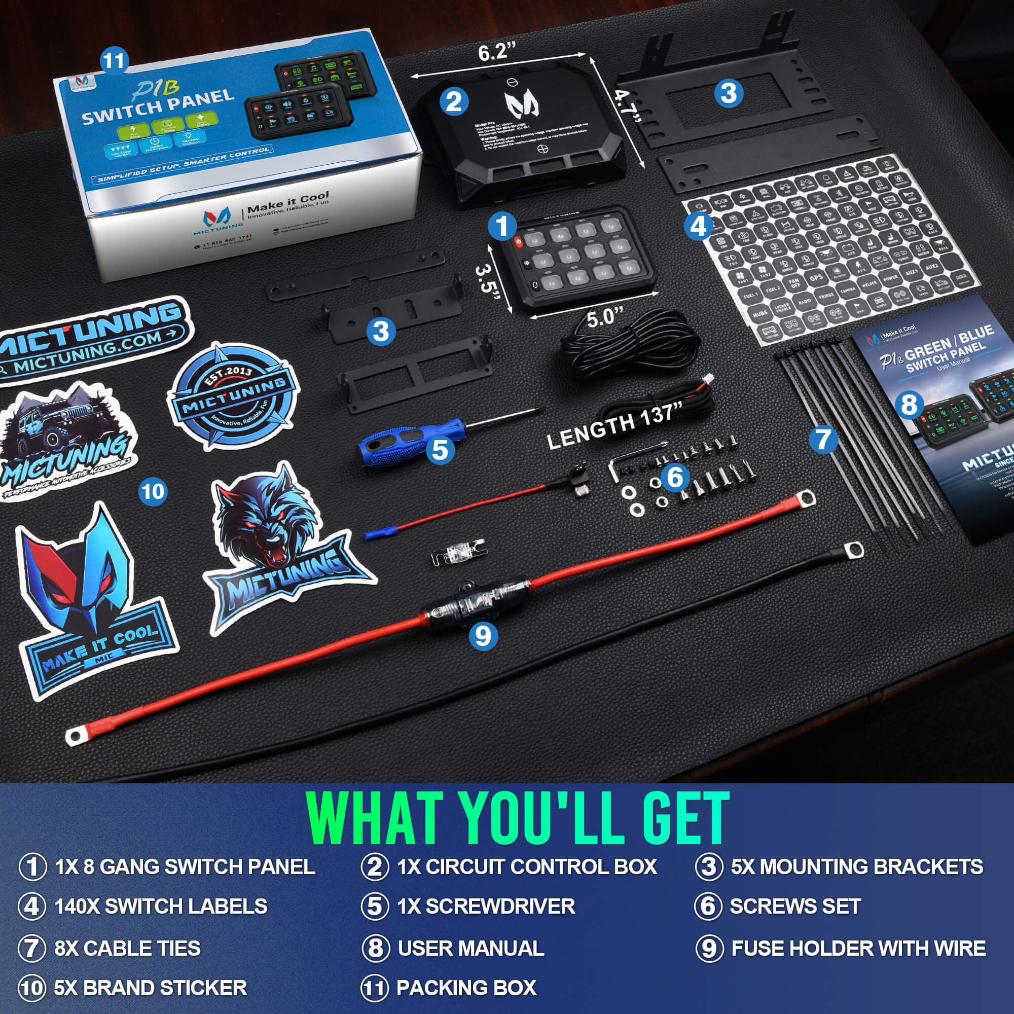 New P1B 5" 8/12 Gang Switch Panel, Color-Coded LED Indicator with Off Backlight