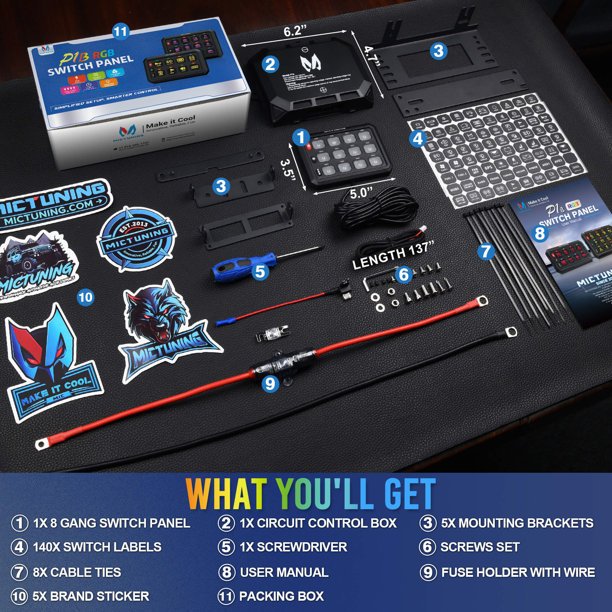 New P1B 5" 8/12 Gang Switch Panel, Color-Coded LED Indicator with Off Backlight