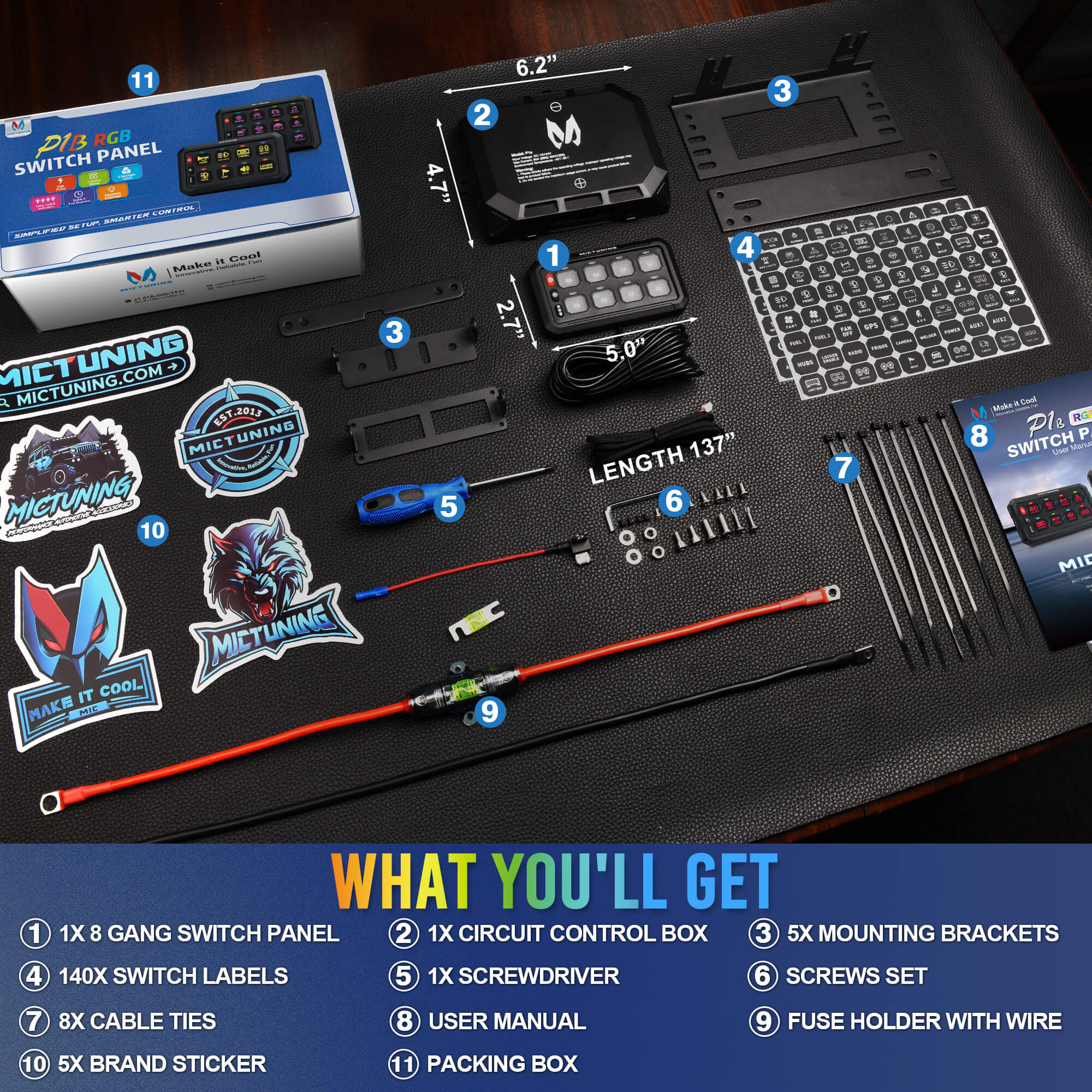 MICTUNING P1B RGB 8/12 Gang Switch Panel, Multifunction Toggle