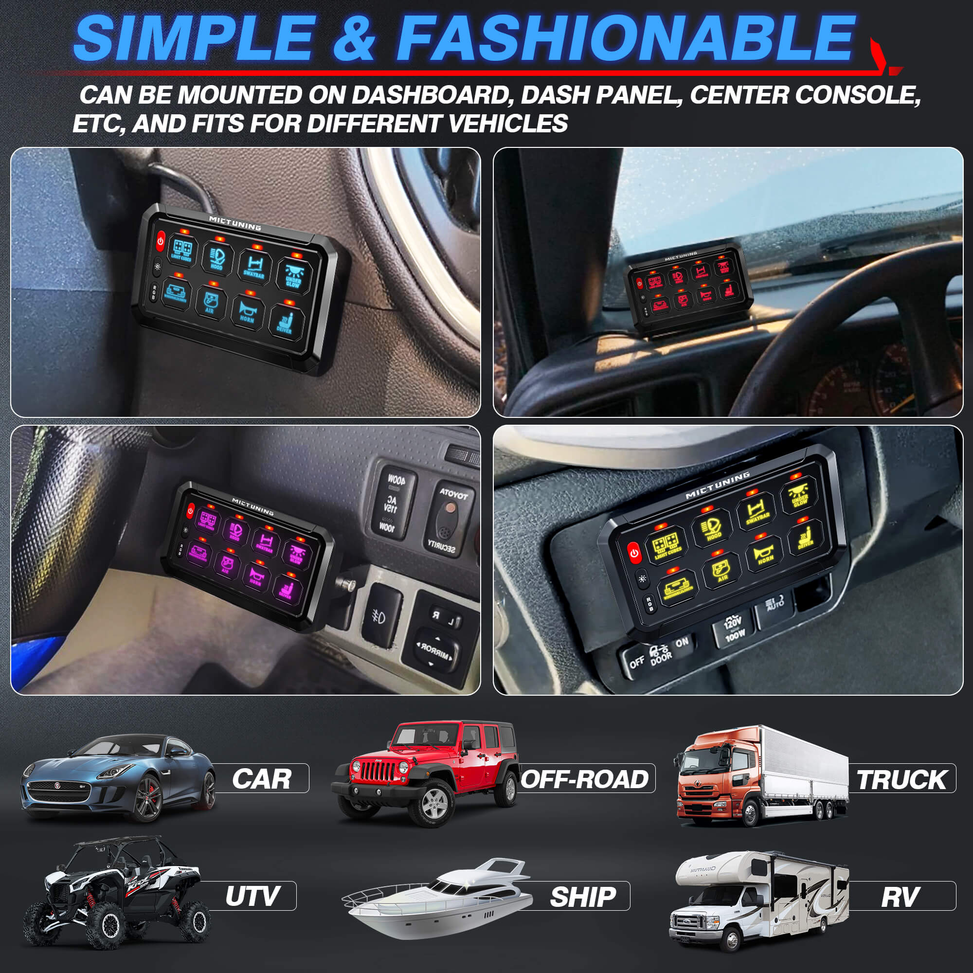 Newest Multifunction Auxiliary RGB Switch Panel for SUV Offroad Truck Car, MICTUNING  Gang Switch Panel