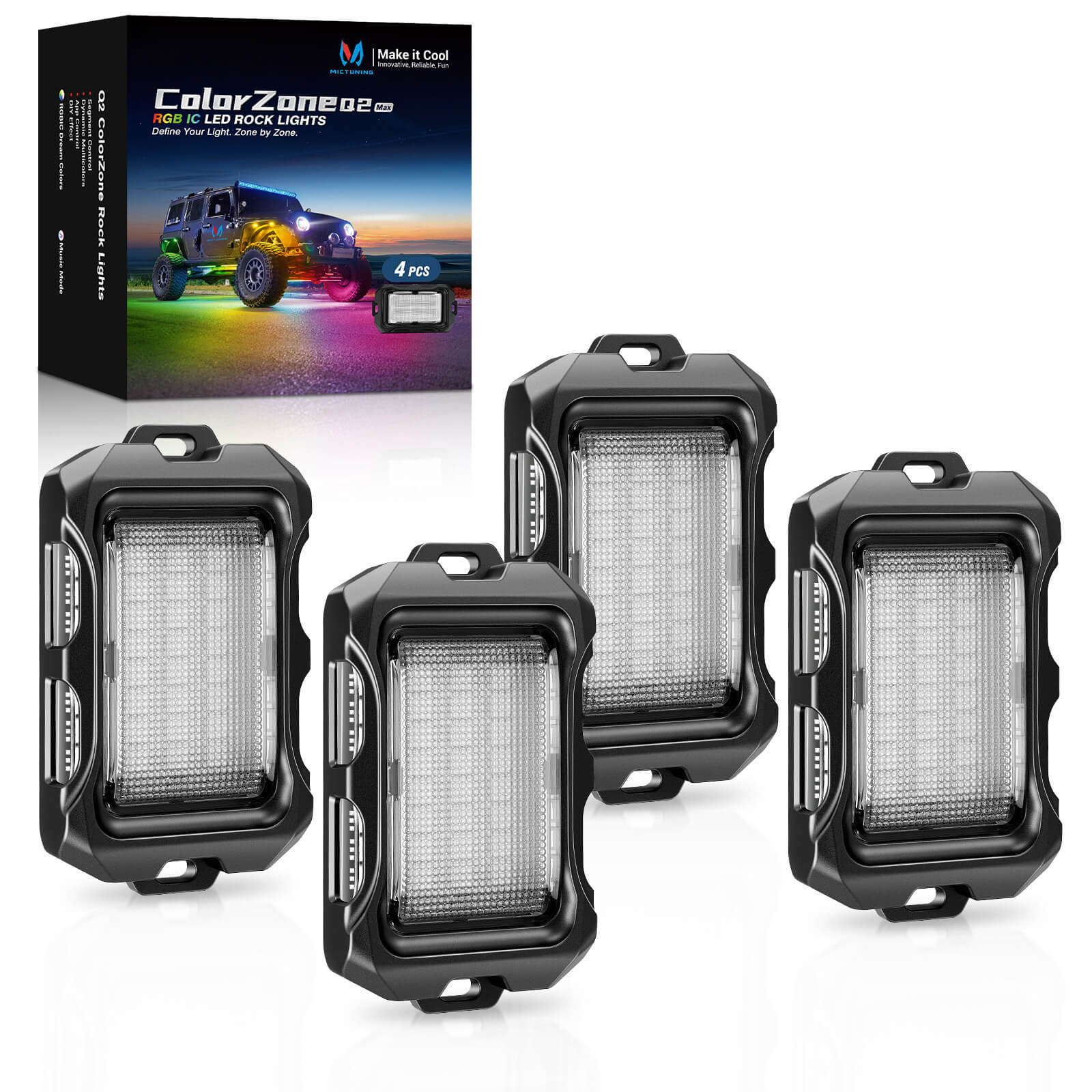 Newest Q2 MAX RGB+IC Rock Lights, 8-16 Pods Multi-Color DIY Effect Underglow Neon Kit, Individual Group Control, APP Control