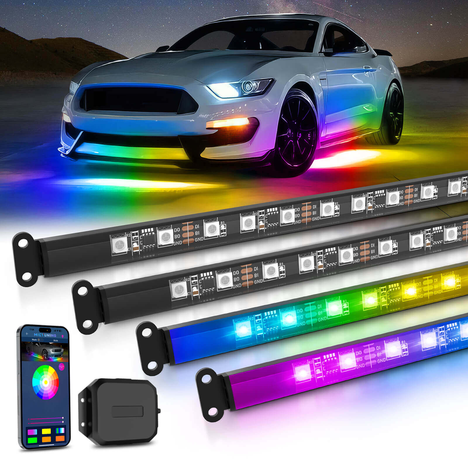 Interior Car LED Strip Lights, RGB 8 in 1 Car Neon Ambient Lighting Kits  with 400 inches Fiber Optic tubing MICTUNING