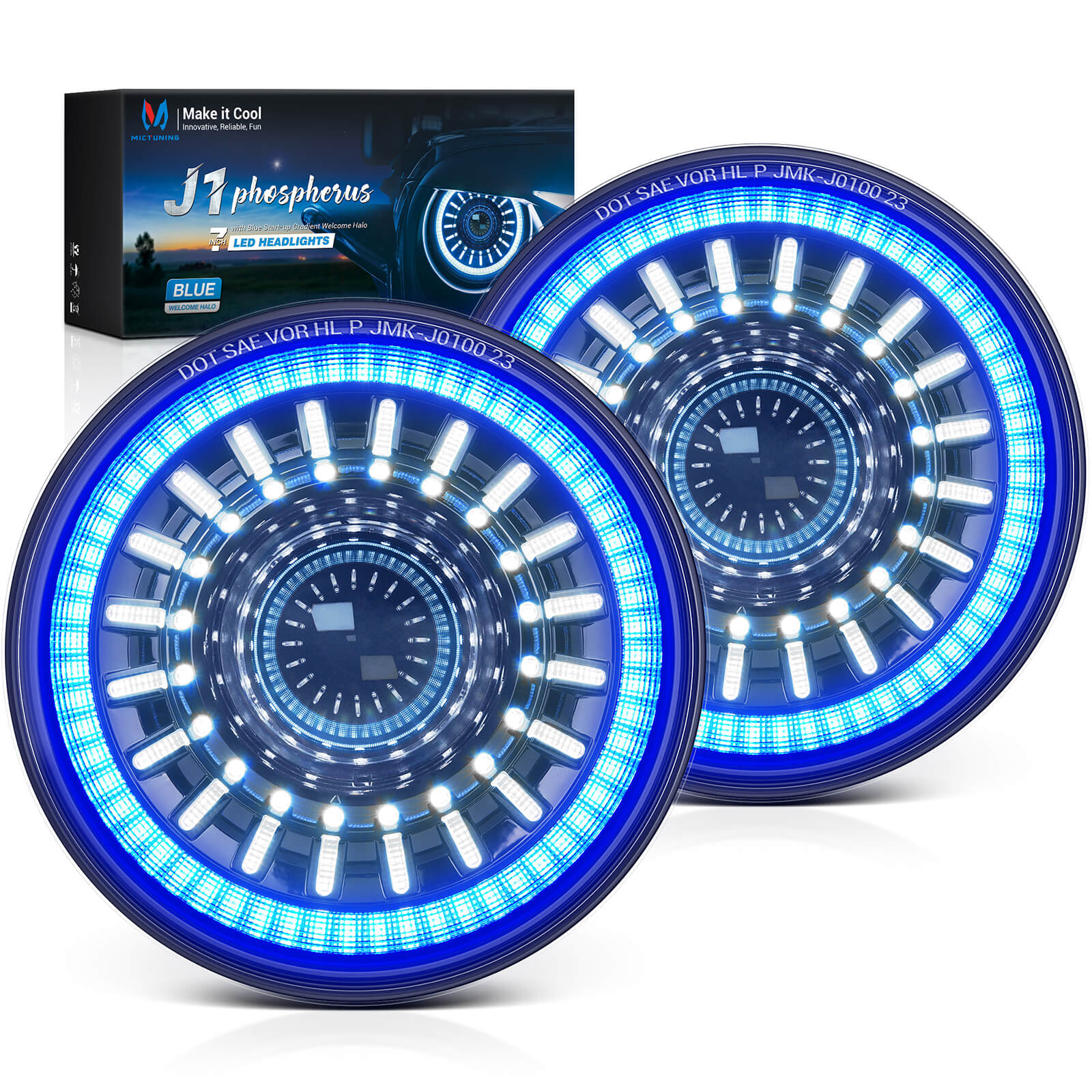 7″ LED Headlights with Blue Welcome Halo For Jeep Wrangler JK JKU