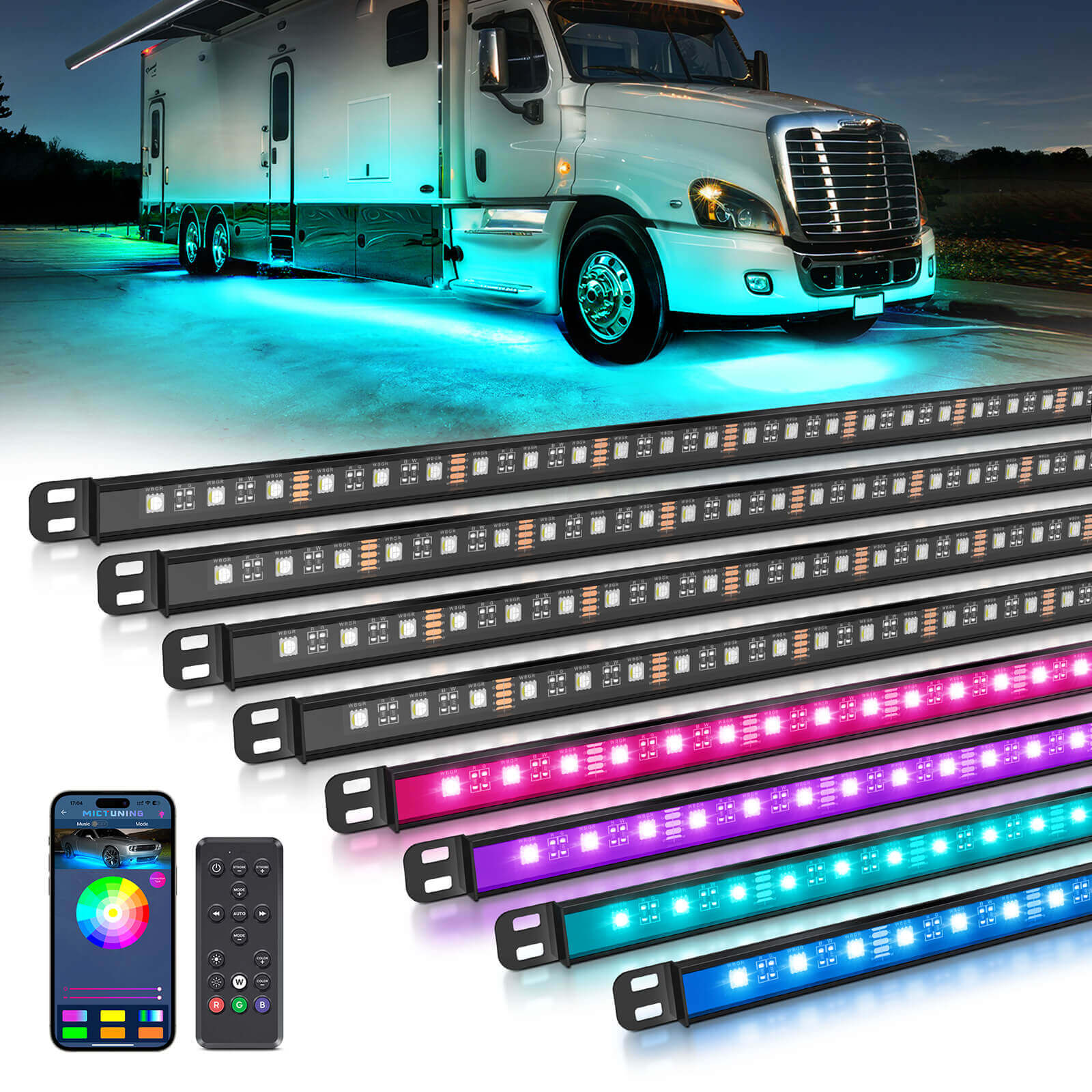 Normal Light Bar RGBW RV Underglow Light Bars 8pcs, MICTUNING N8 Exterior Neon Accent ...