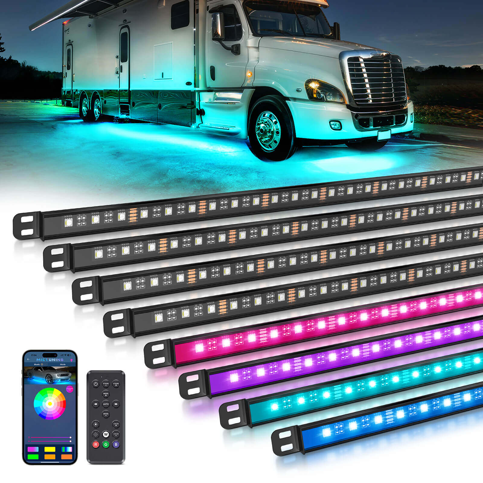 N8 RGBW Underglow Light Bars(RV Version), App/Remote Control, w/ 2pcs 11.4ft Extension Cords