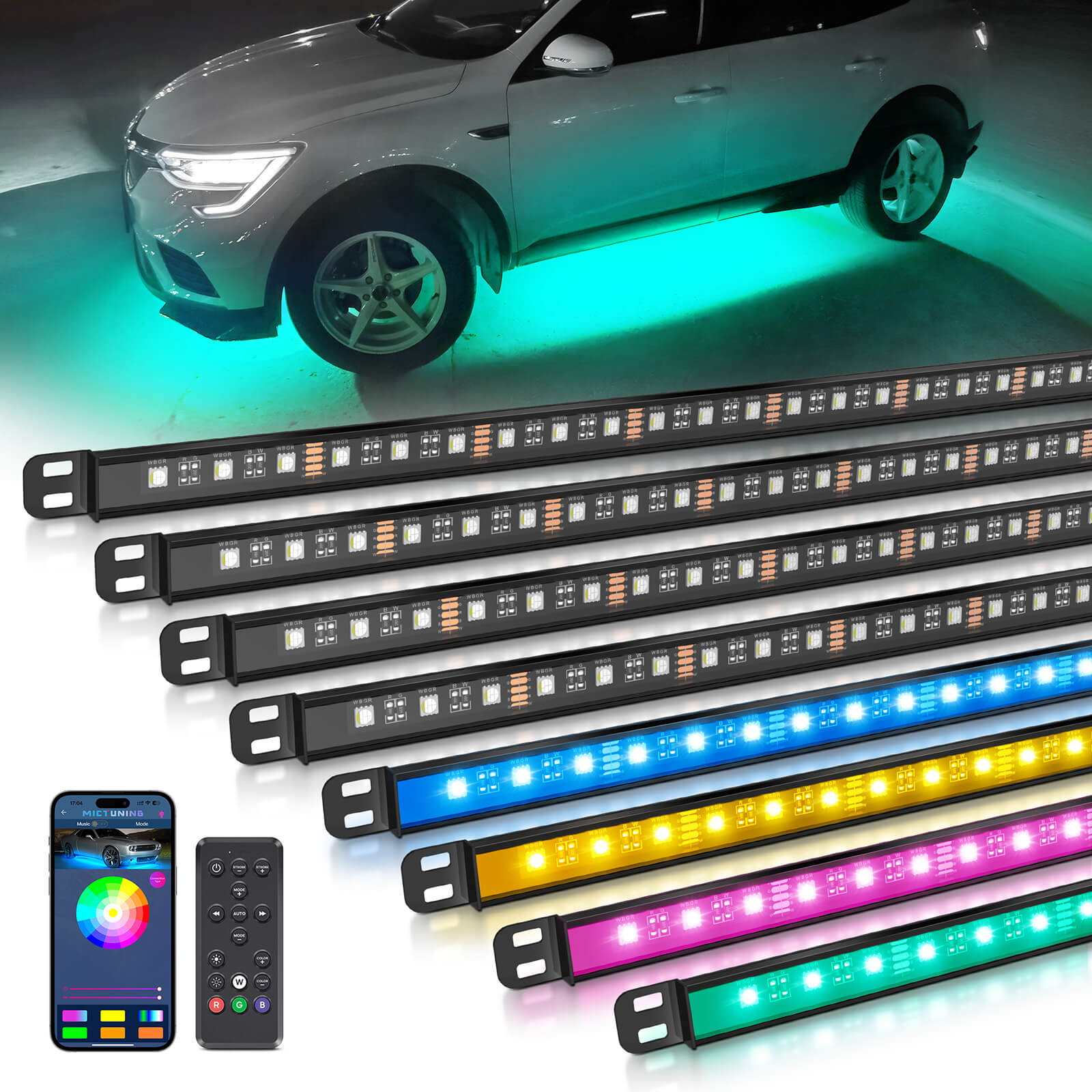 N8 Aluminum LED Car Underglow Light Kit, Exterior Underbody Multicolor Light Strip 8PCS - App+Remote Control（RGBW/RGB+IC）