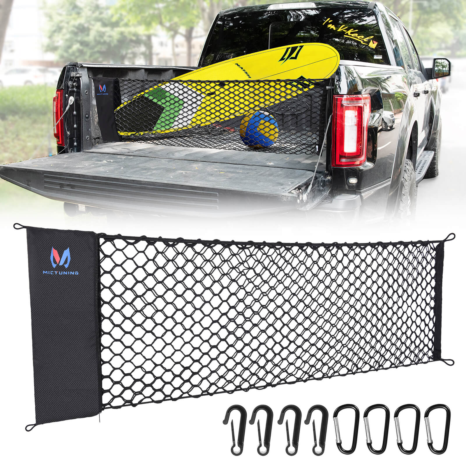 Truck Bed Net Pickup Cargo Net Rear Car Trunk, with Storage Bag & 8 Carabiners Hooks, For Chevy Silverdo Ford F150 GMC(16.9" X 49" to 62")