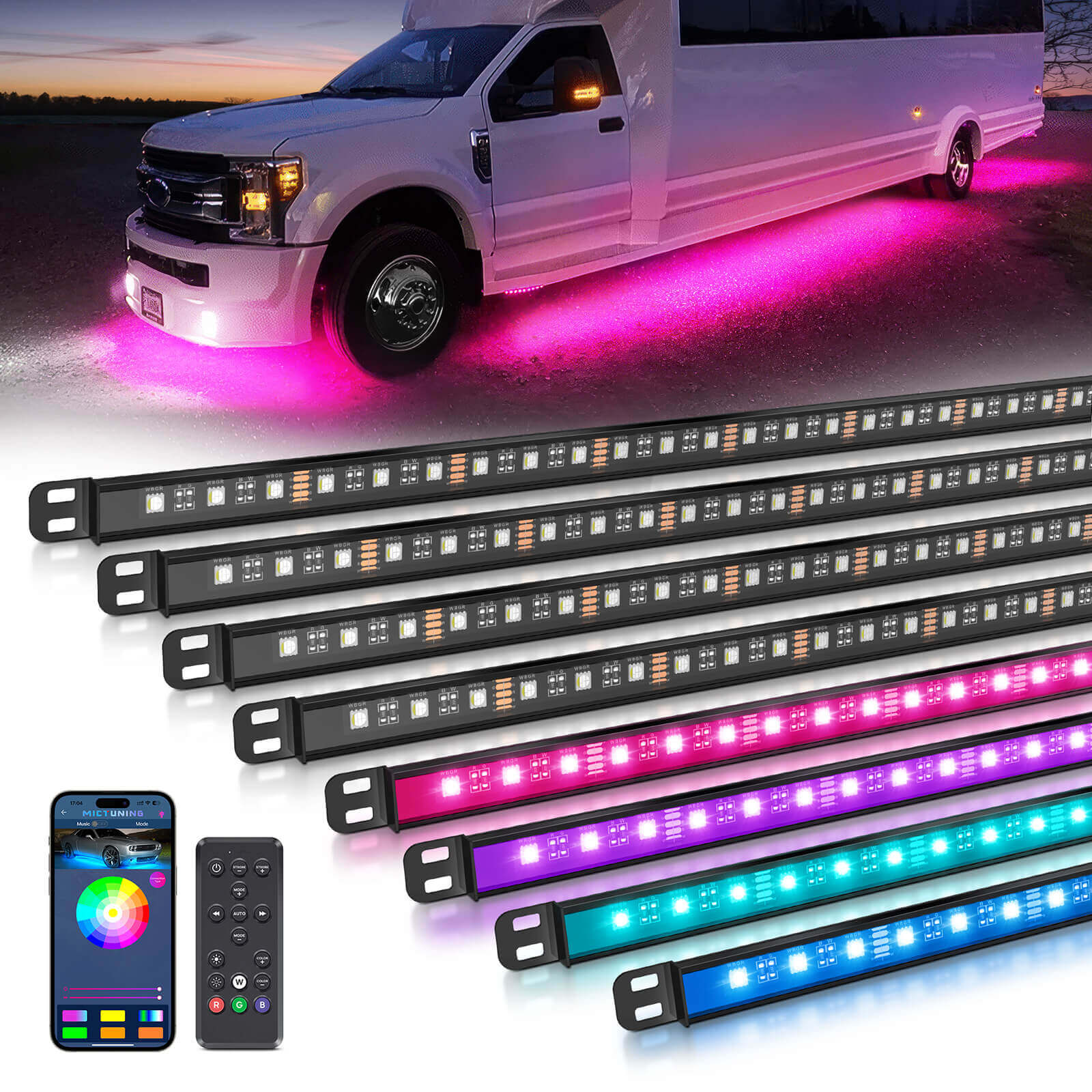 N8 Aluminum LED Car Underglow Light Kit, Exterior Underbody Multicolor Light Strip 8PCS - App+Remote Control（RGBW/RGB+IC）