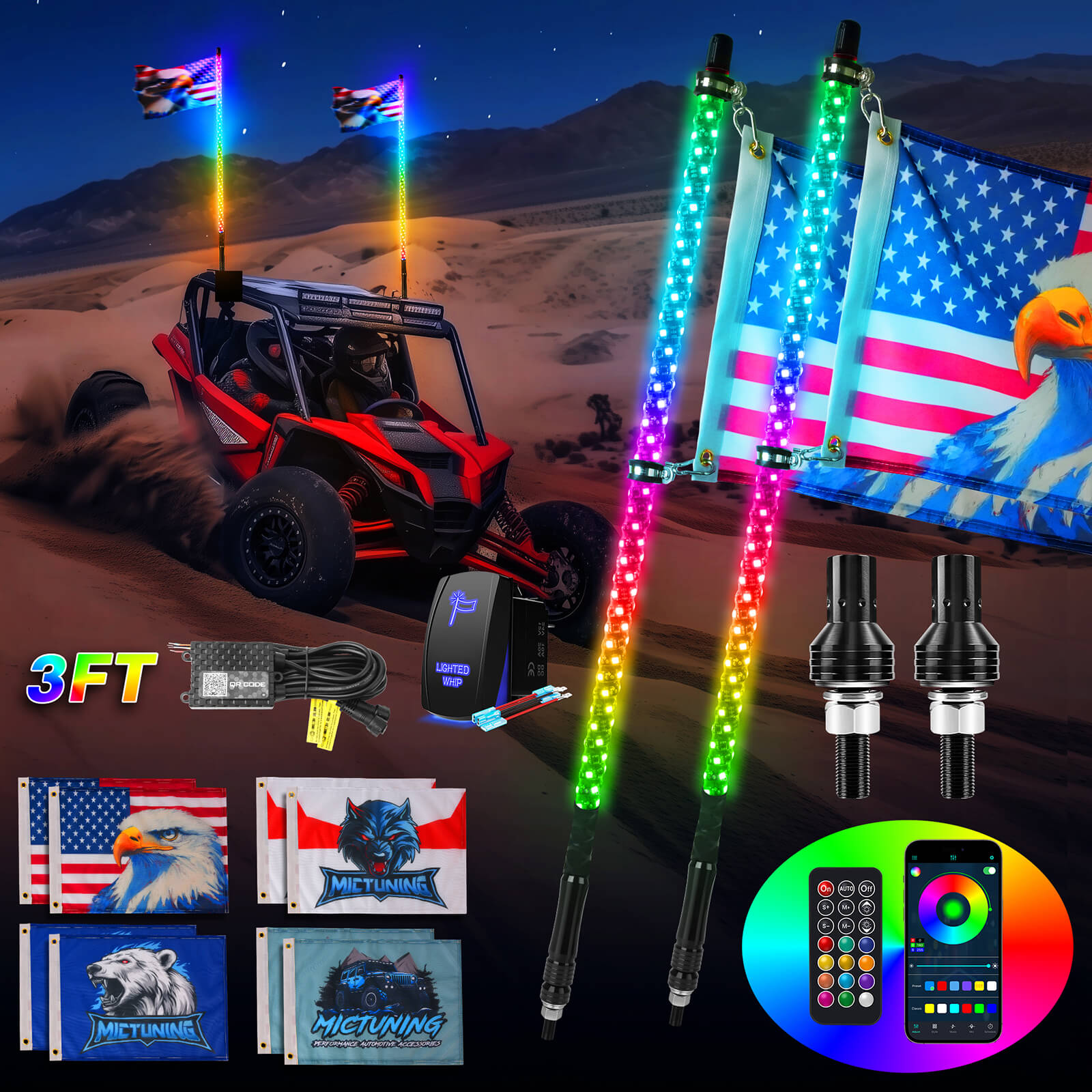 3FT/4FT LED Whip Light RGB+IC Chasing Colors, APP & Remote Control, w/ Rocker Switch & 8 Flags, Brake/Turn Signal/Reverse, 1pc/2pcs