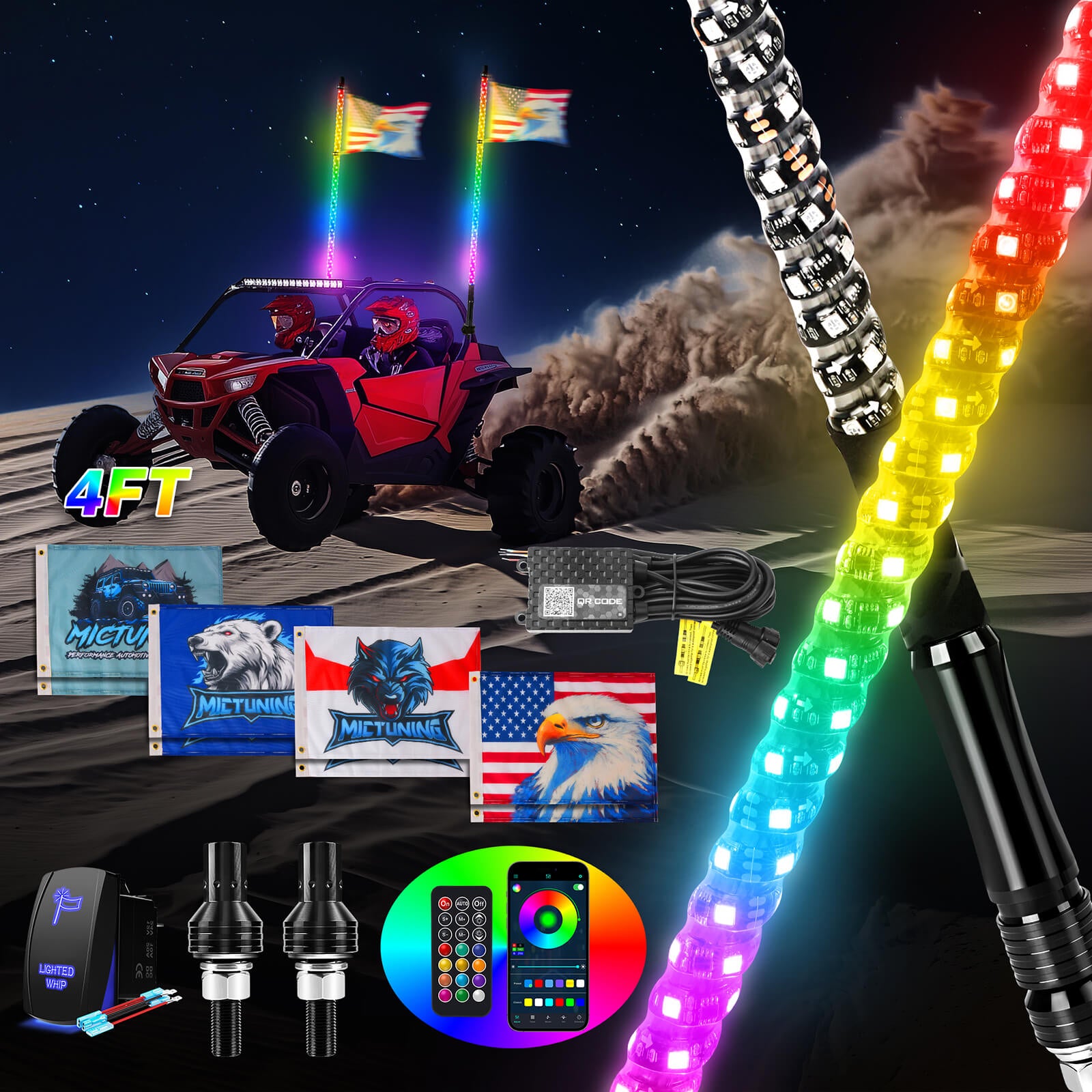 3FT/4FT LED Whip Light RGB+IC Chasing Colors, APP & Remote Control, w/ Rocker Switch & 8 Flags, Brake/Turn Signal/Reverse, 1pc/2pcs