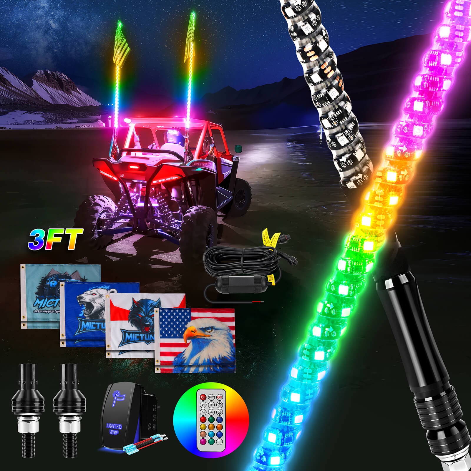 3FT/4FT RGB+IC Chasing Colors LED Whip Light, w/ Remote Control, Rocker Switch & 8 Flags, 1pc/2pcs