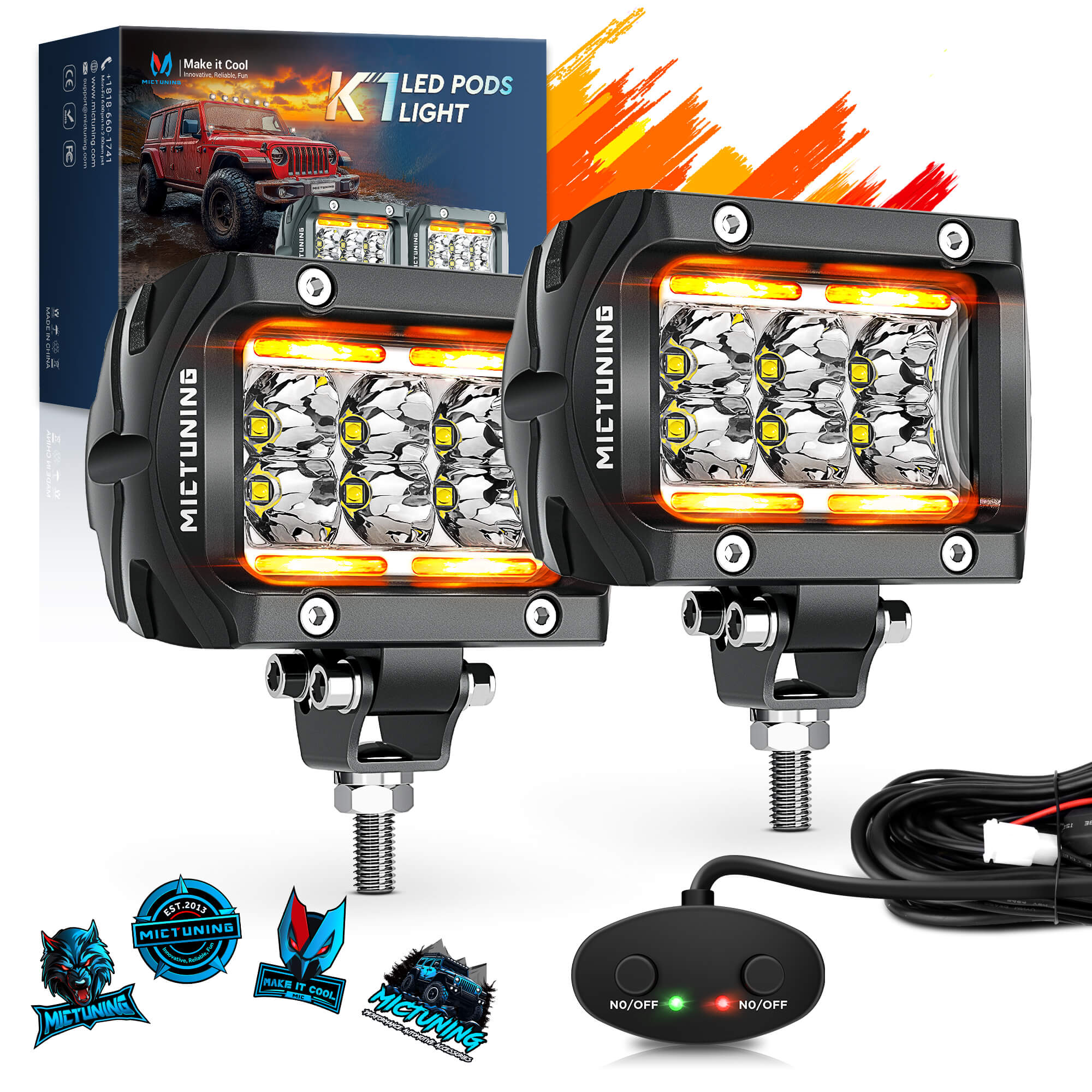K1 LED Pods Light with Wire Harness, 2pcs 4 Inch IP68 Waterproof Led Off Road Lights Super Bright Driving Fog Light, Flood/Spot