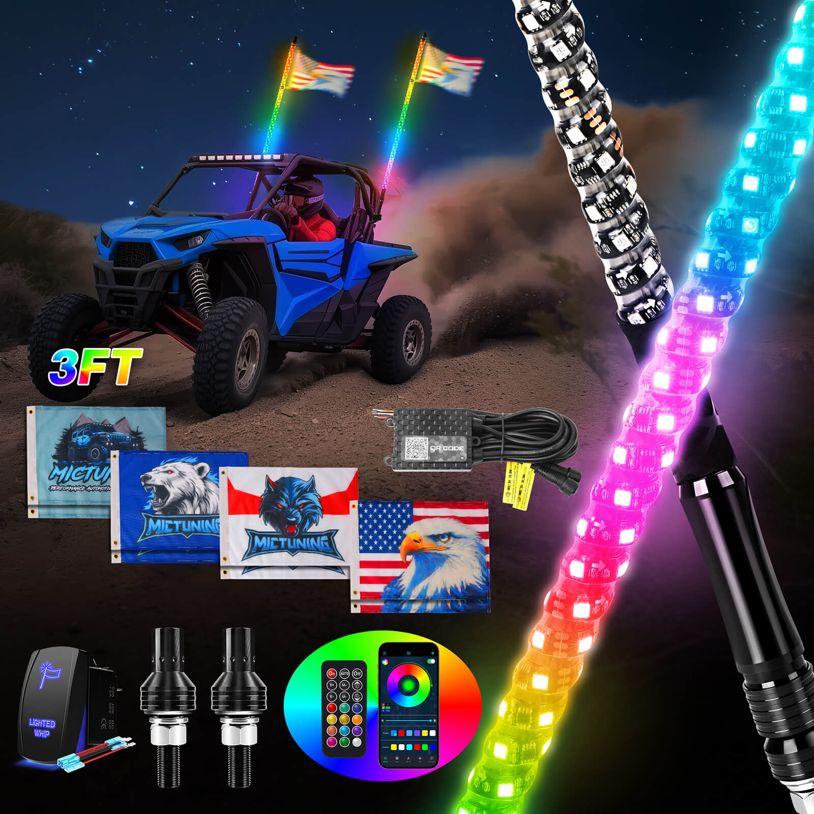 3FT/4FT LED Whip Light RGB+IC Chasing Colors, APP & Remote Control, w/ Rocker Switch & 8 Flags, Brake/Turn Signal/Reverse, 1pc/2pcs