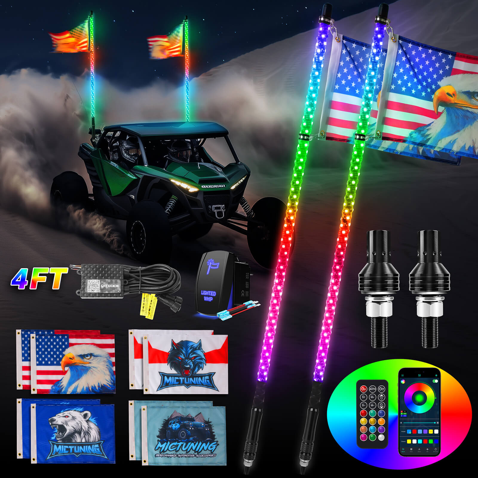 3FT/4FT LED Whip Light RGB+IC Chasing Colors, APP & Remote Control, w/ Rocker Switch & 8 Flags, Brake/Turn Signal/Reverse, 1pc/2pcs